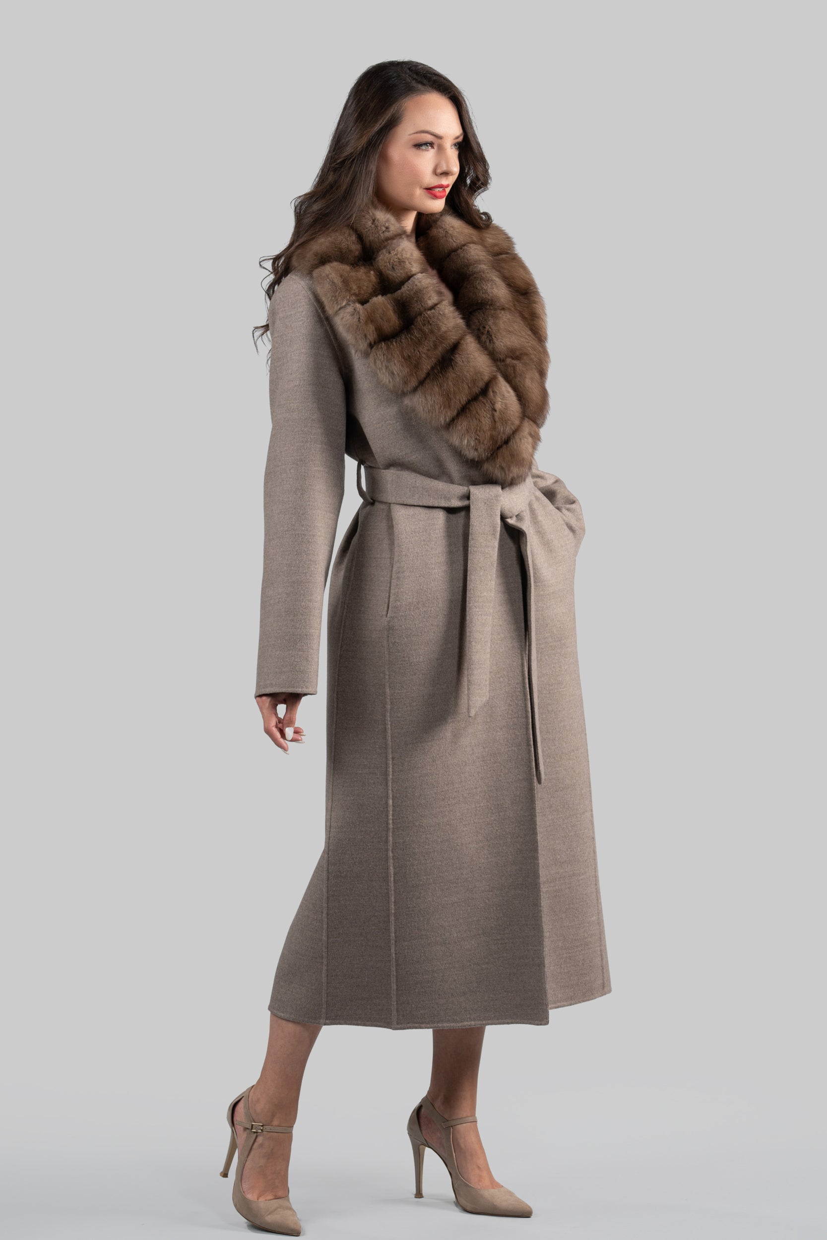 Brown Gray Cashmere Coat with Russian Sable Shawl Collar