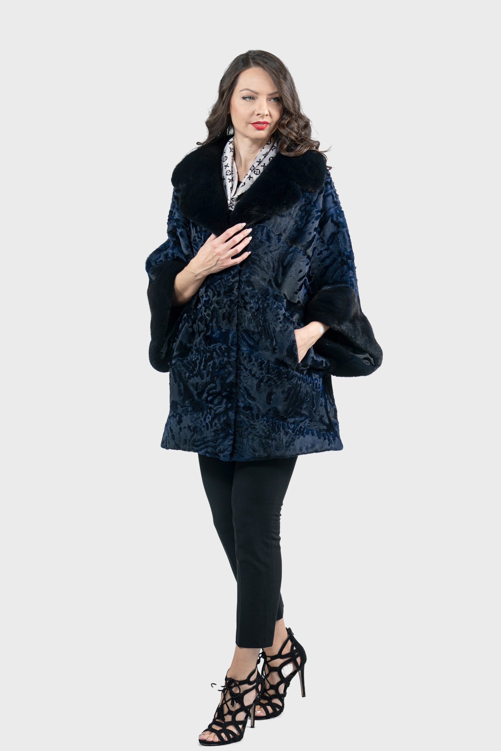 Blue Black Swakara Cape with Mink Notch Collar