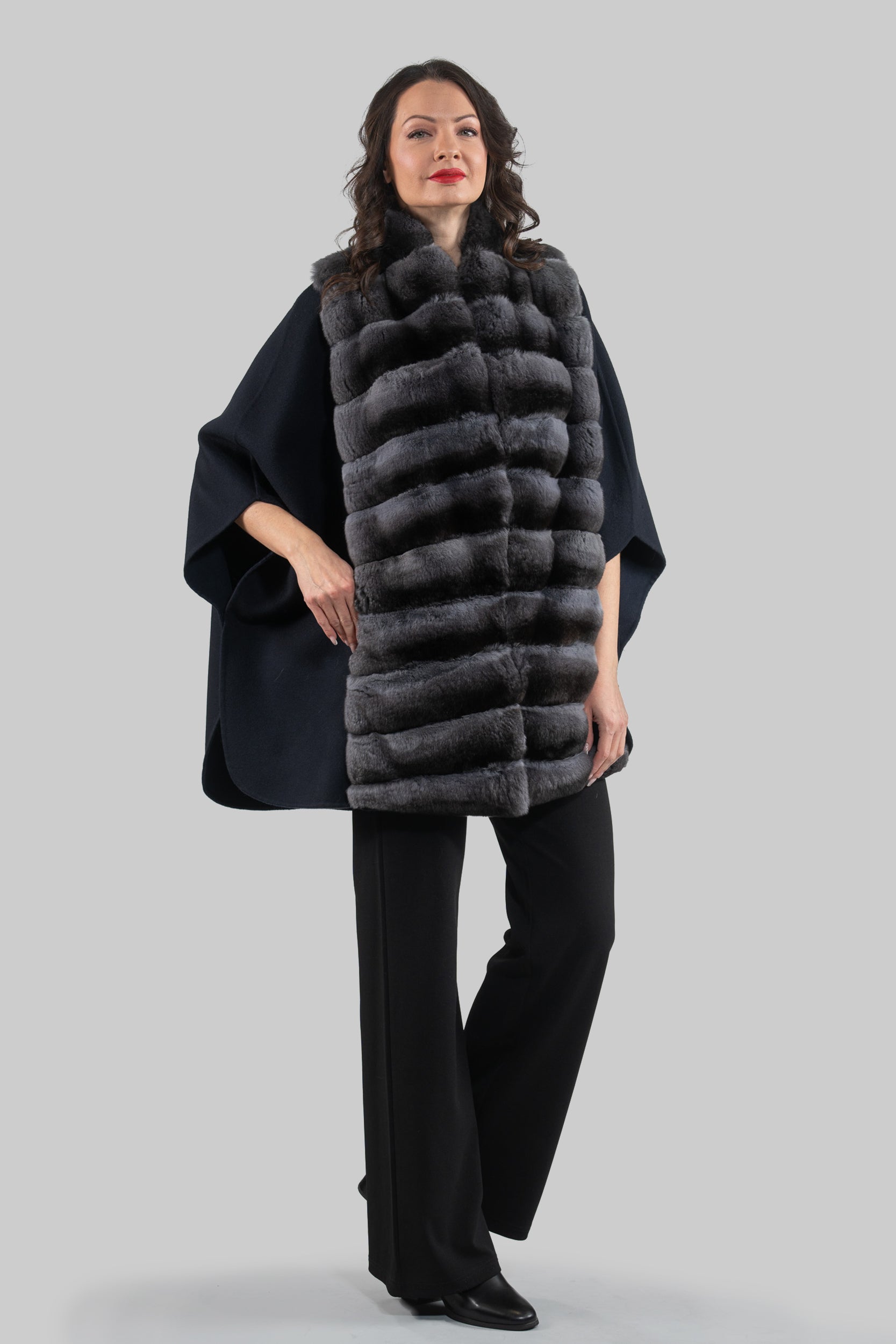 Blue Black Cashmere Cape with Oracle Chinchilla Trim