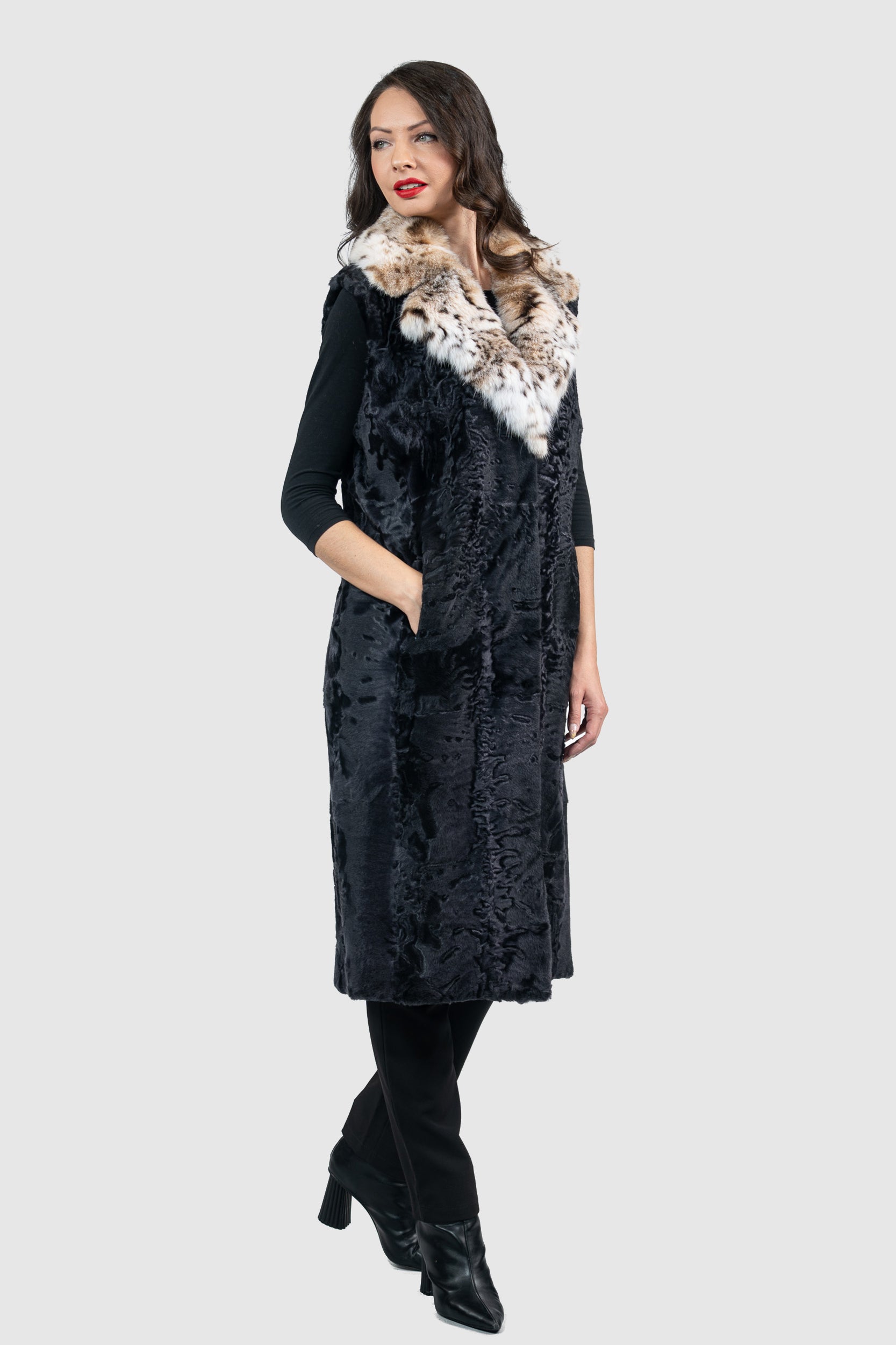 Gray Moon Swakara Vest with Bobcat Notch Collar