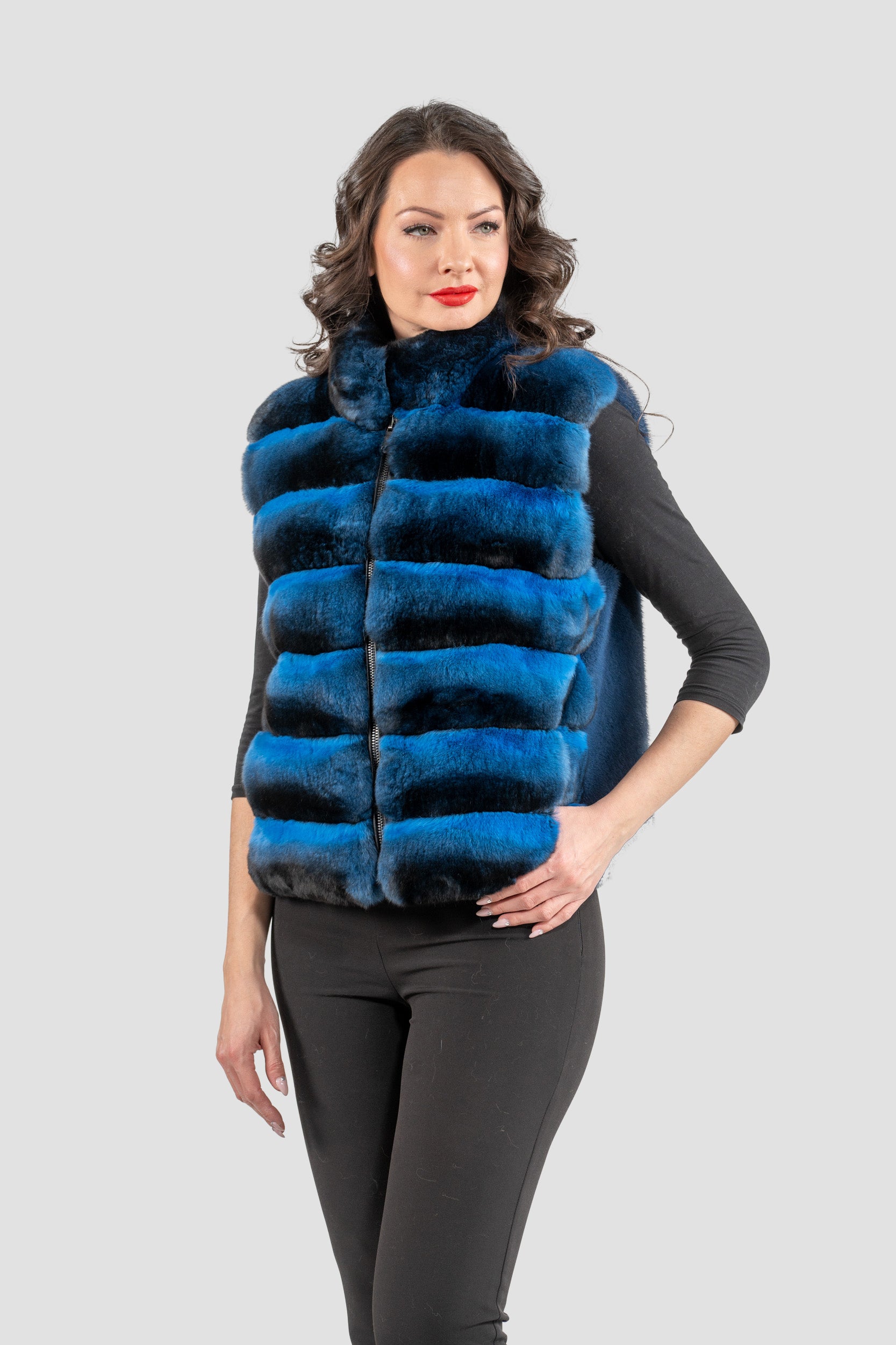 Bluejean Chinchilla Fur Vest with Stand Collar and Mink Trim