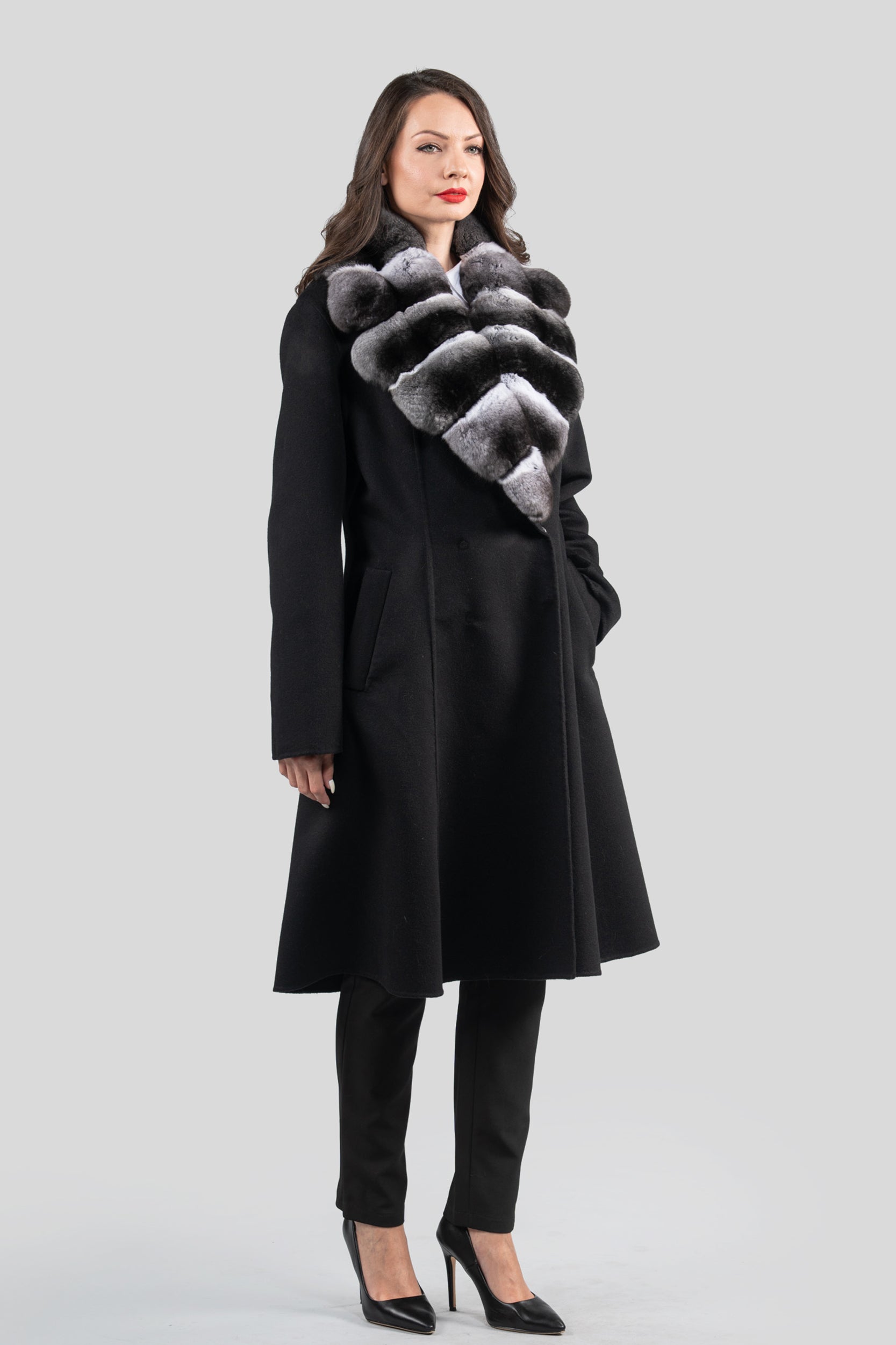 Black Cashmere Coat with Chinchilla Notch Collar