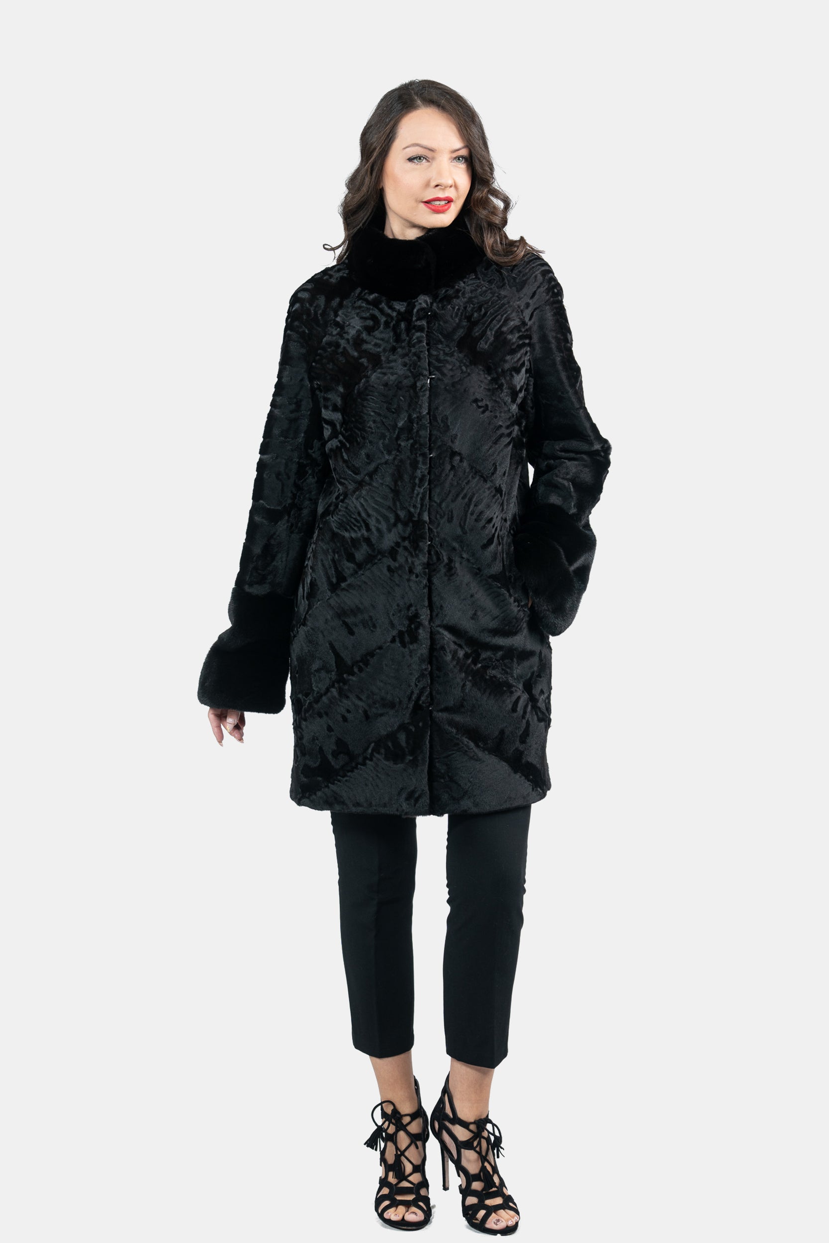 Black Swakara Half Coat With Mink Trim