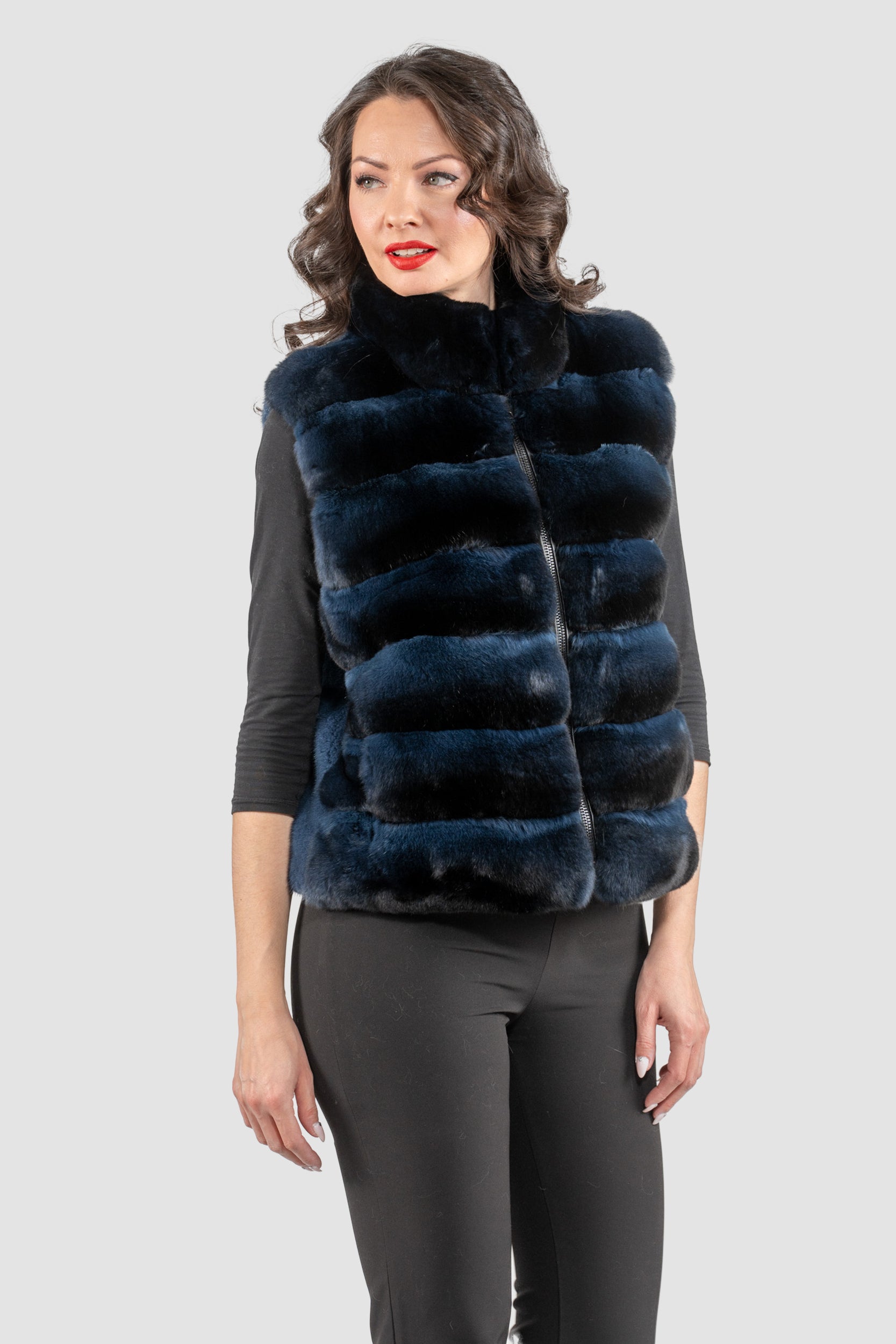 Chinchilla Fur Vest with Stand Collar and Mink Trim in Blue Black