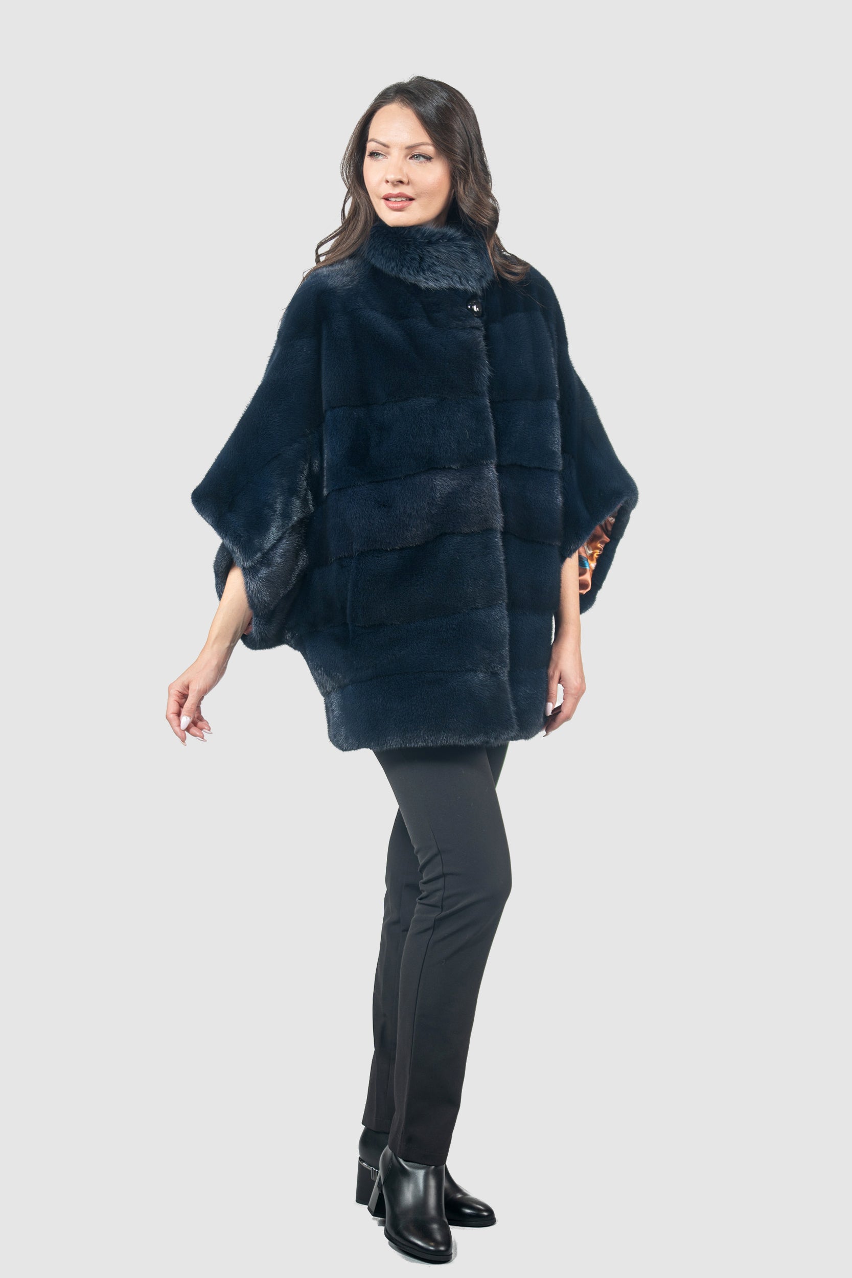 Blue Black Mink Cape with Russian Sable Stand Collar