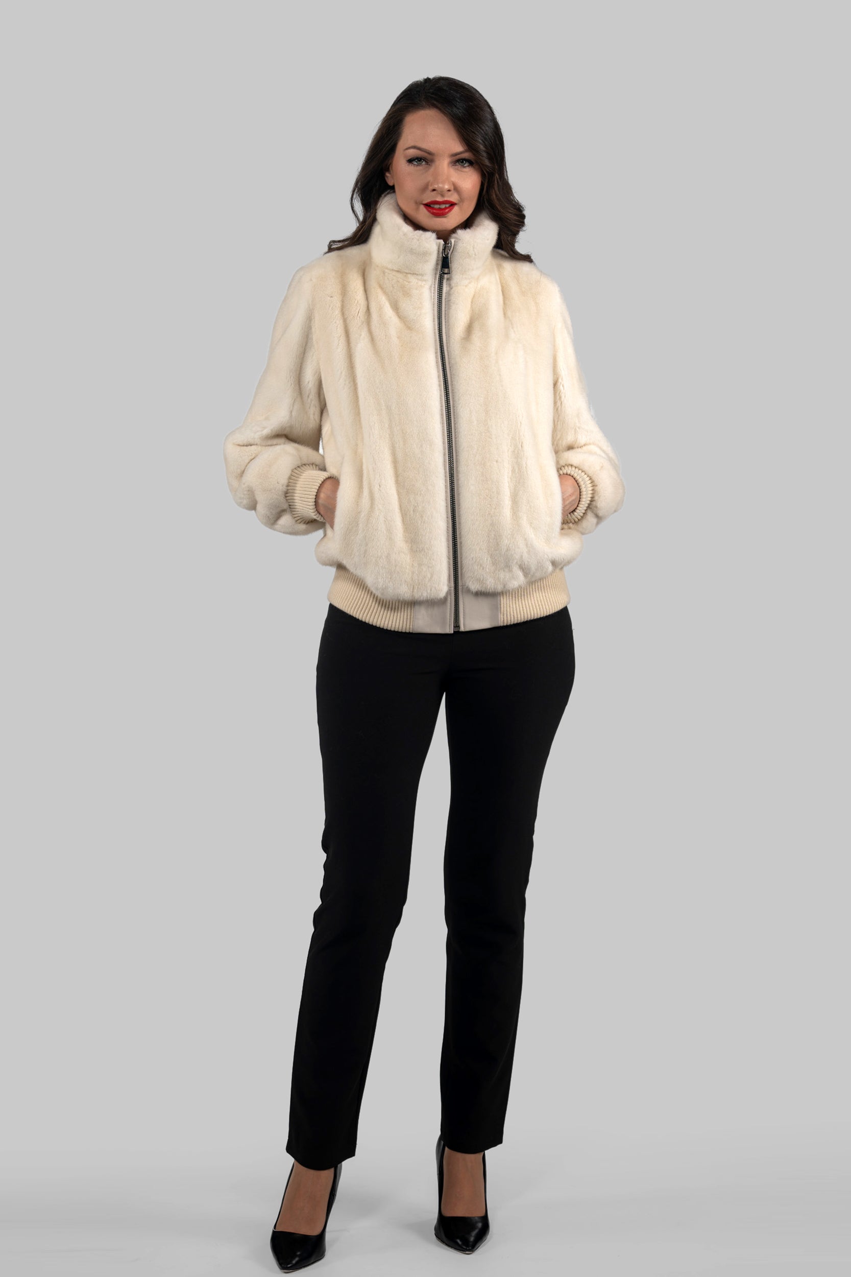 Beige Mink Bomber Jacket with Stand Collar