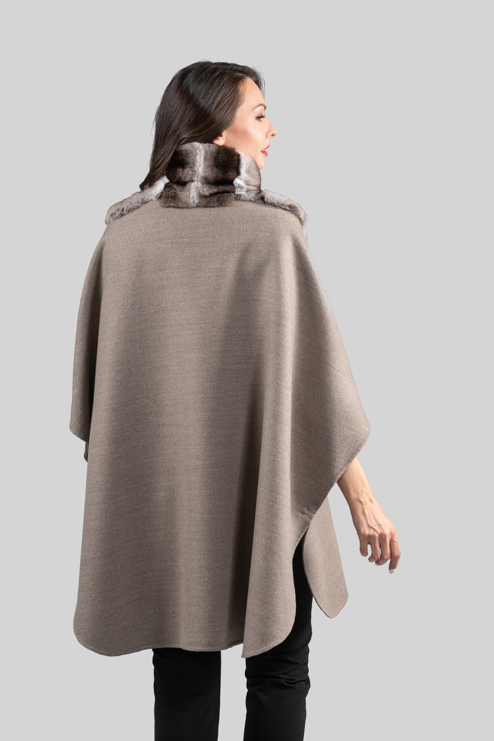 Grey Brown Cashmere Cape with Chinchilla Trim