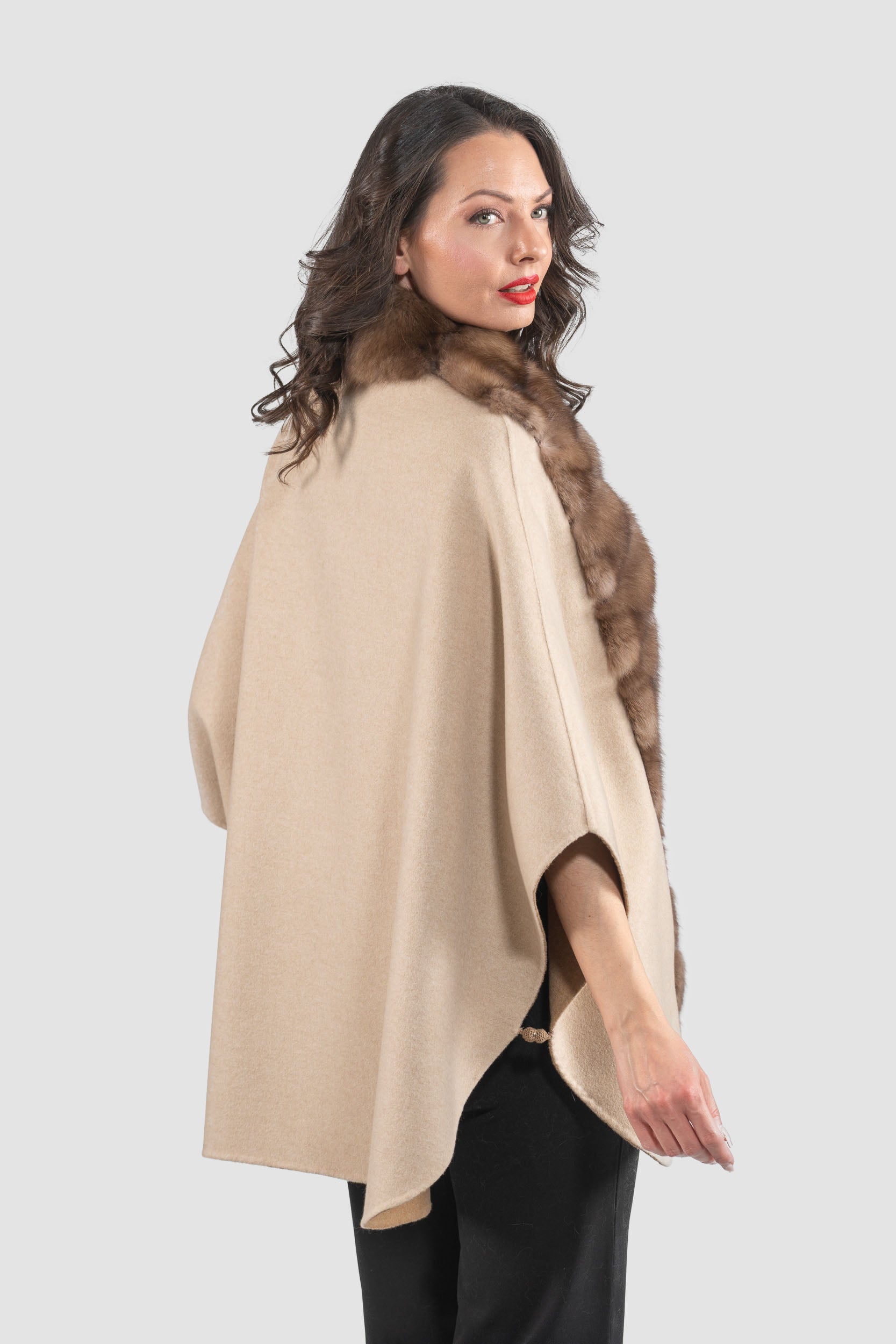 Ecru Beige Cashmere Cape with Russian Sable Trim