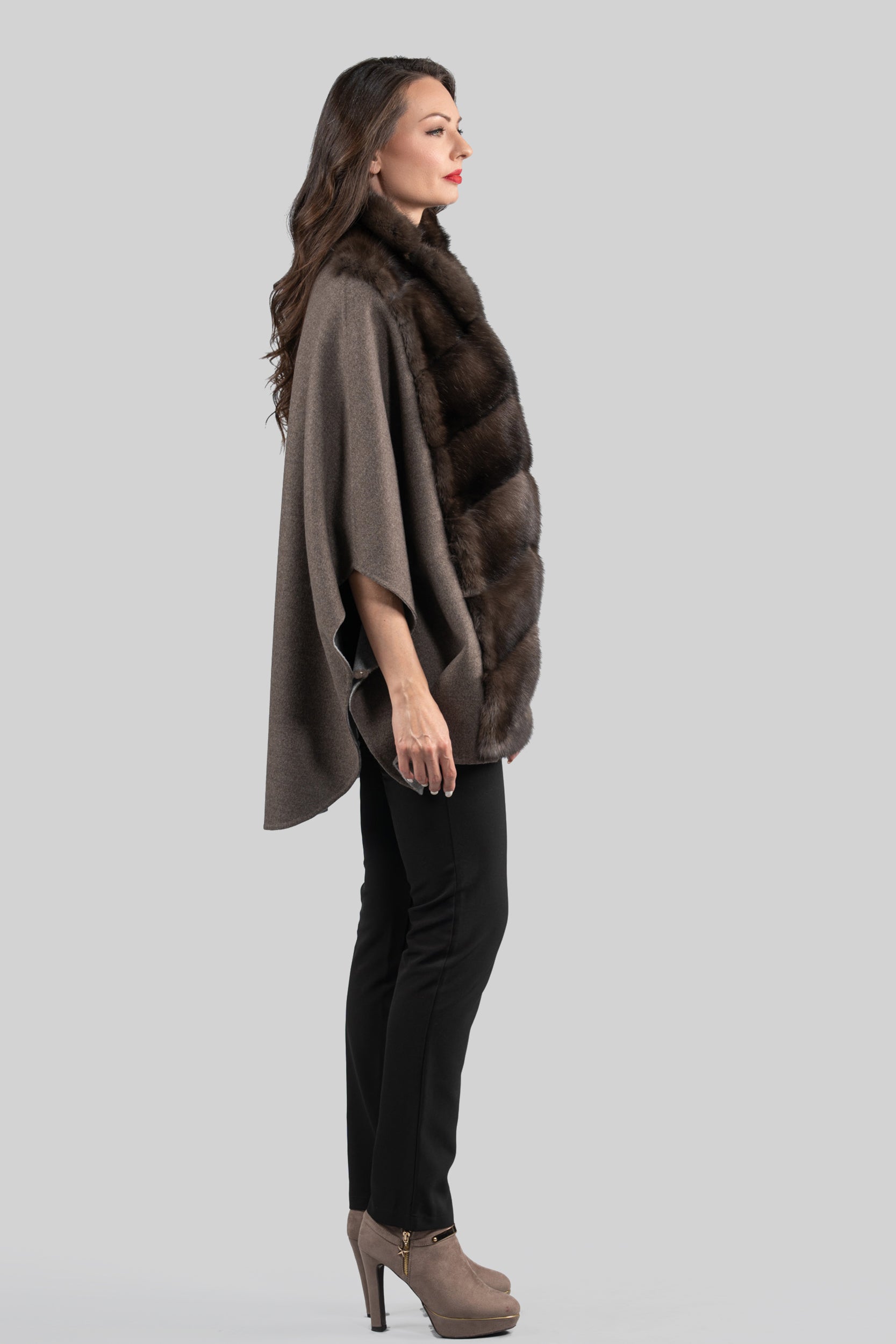 Brown Gray Cashmere Cape with Russian Sable Trim