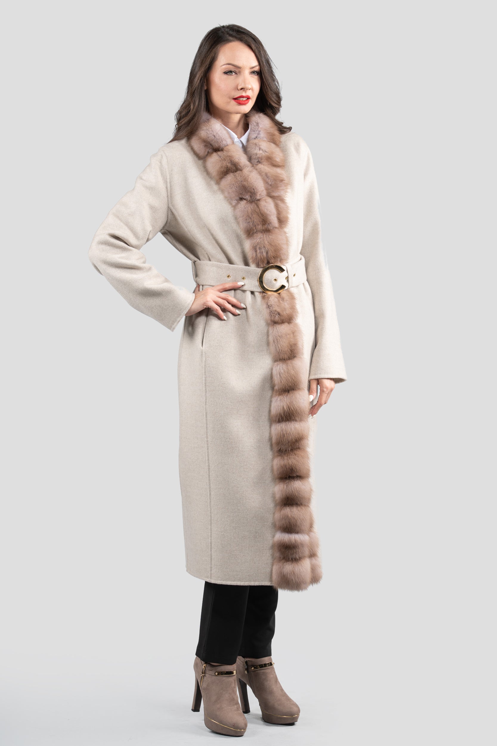 White Ecru Cashmere Coat with Russian Sable Trim