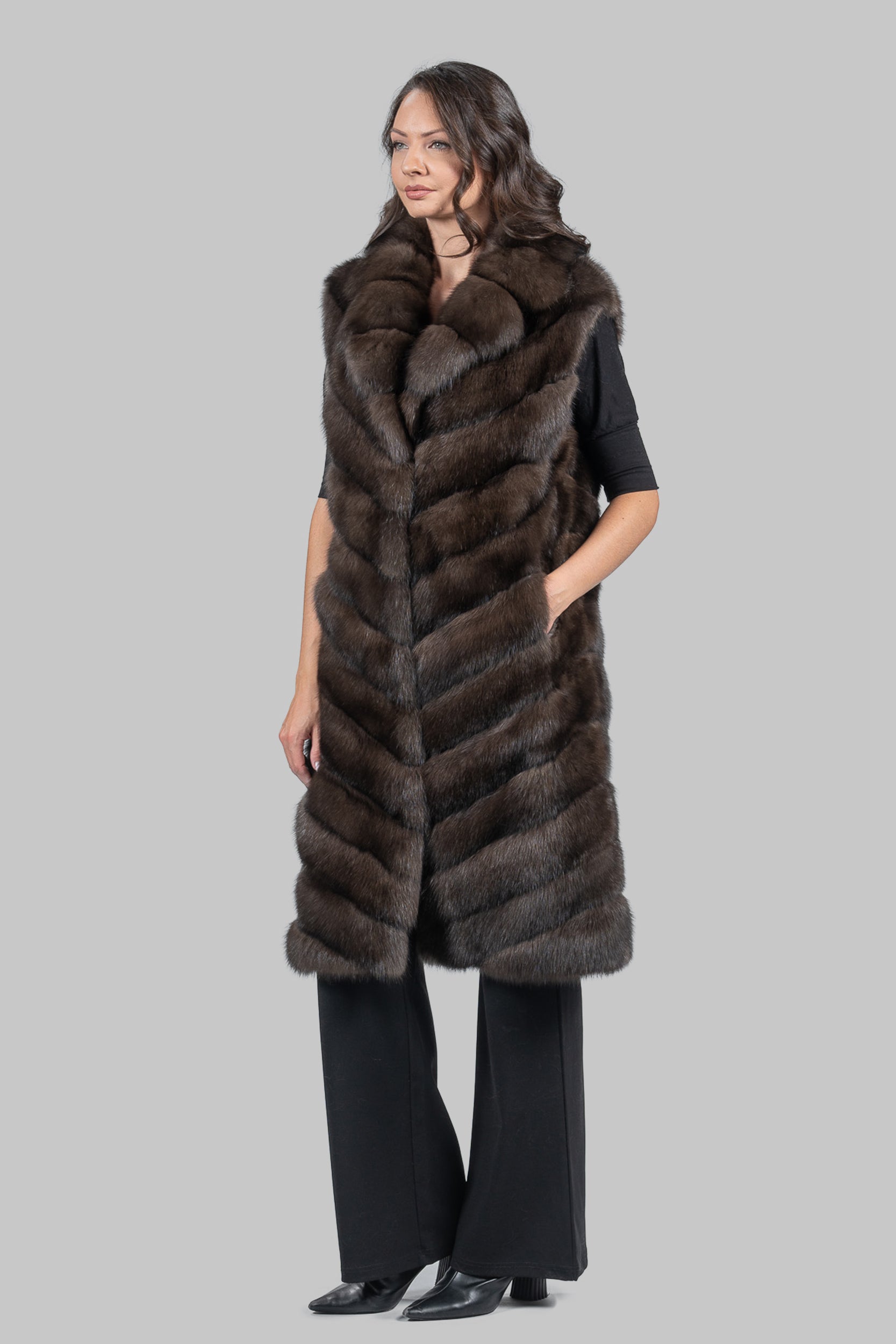 Dark Sable Long Vest with Notch Collar