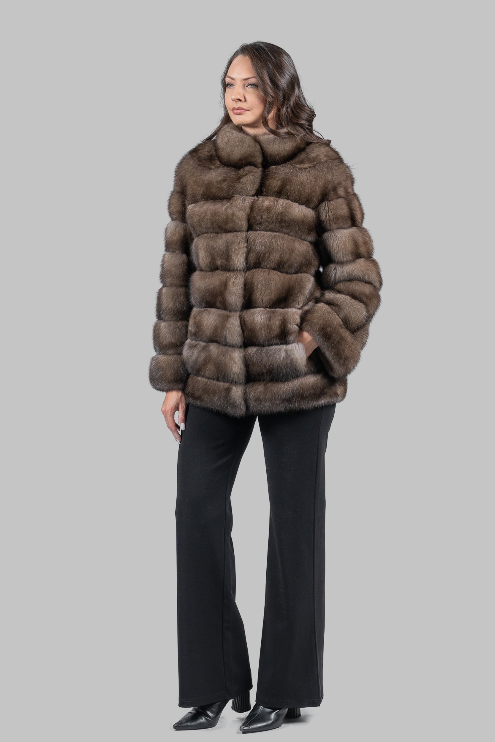 Platino Russian Sable Horizontal Half Coat with Stand Collar