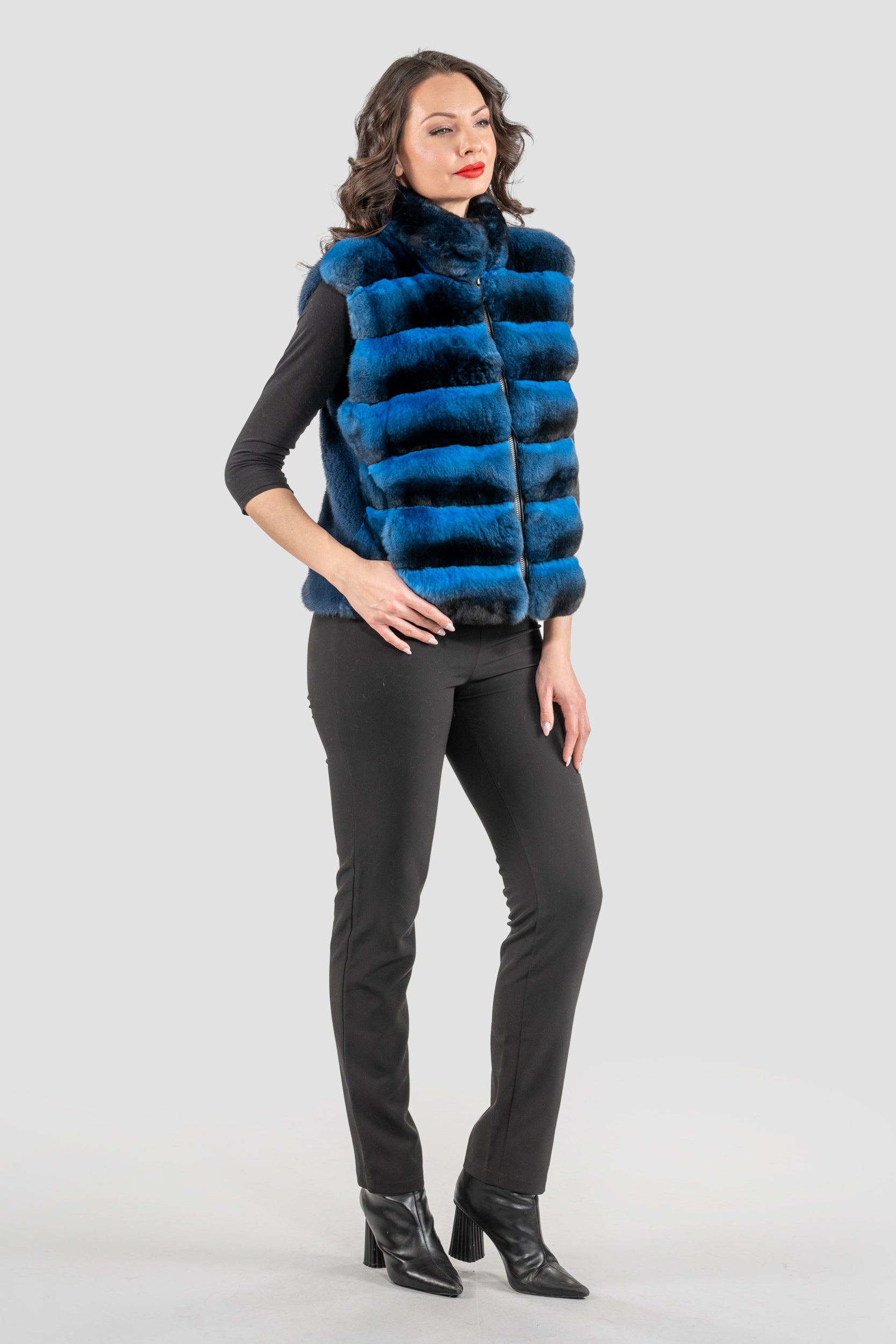 Bluejean Chinchilla Fur Vest with Stand Collar and Mink Trim