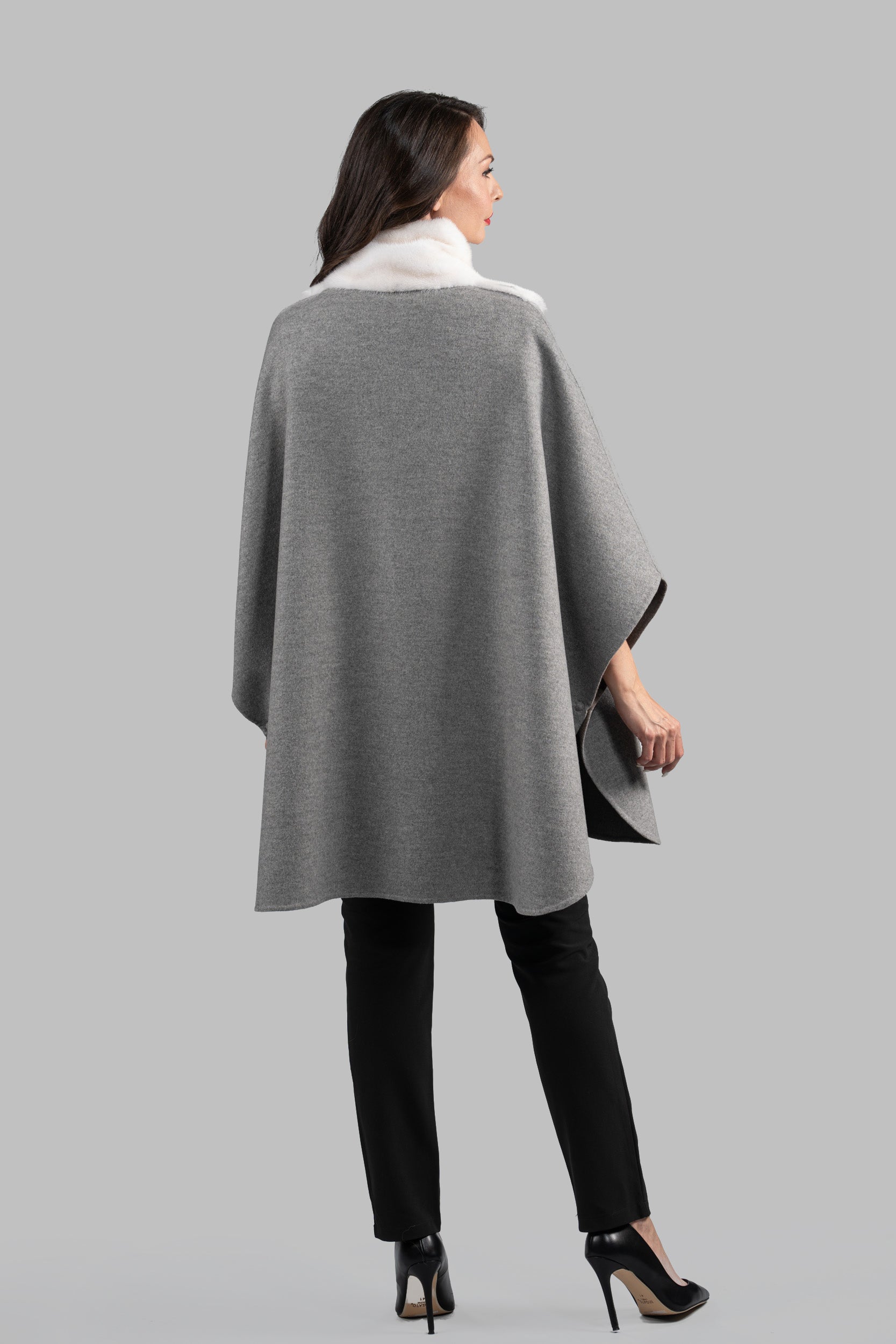 Grey Brown Cashmere Cape with Mink Trim