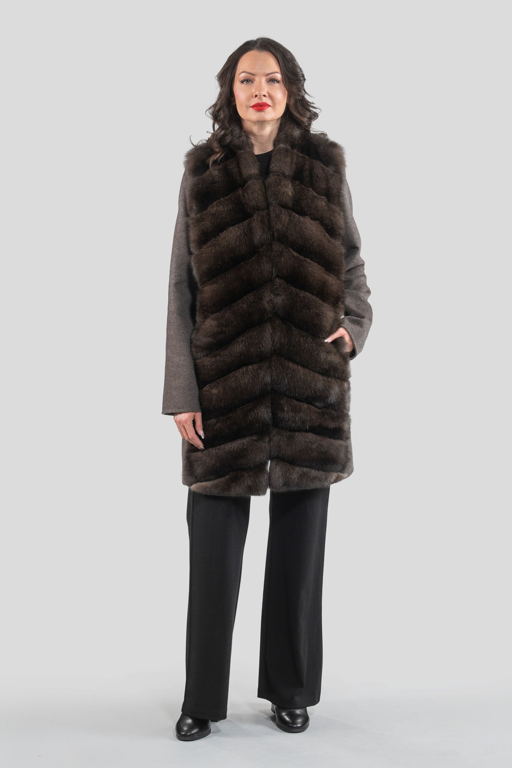 Brown Grey Cashmere Half Coat & Vest with Russian Sable Trim