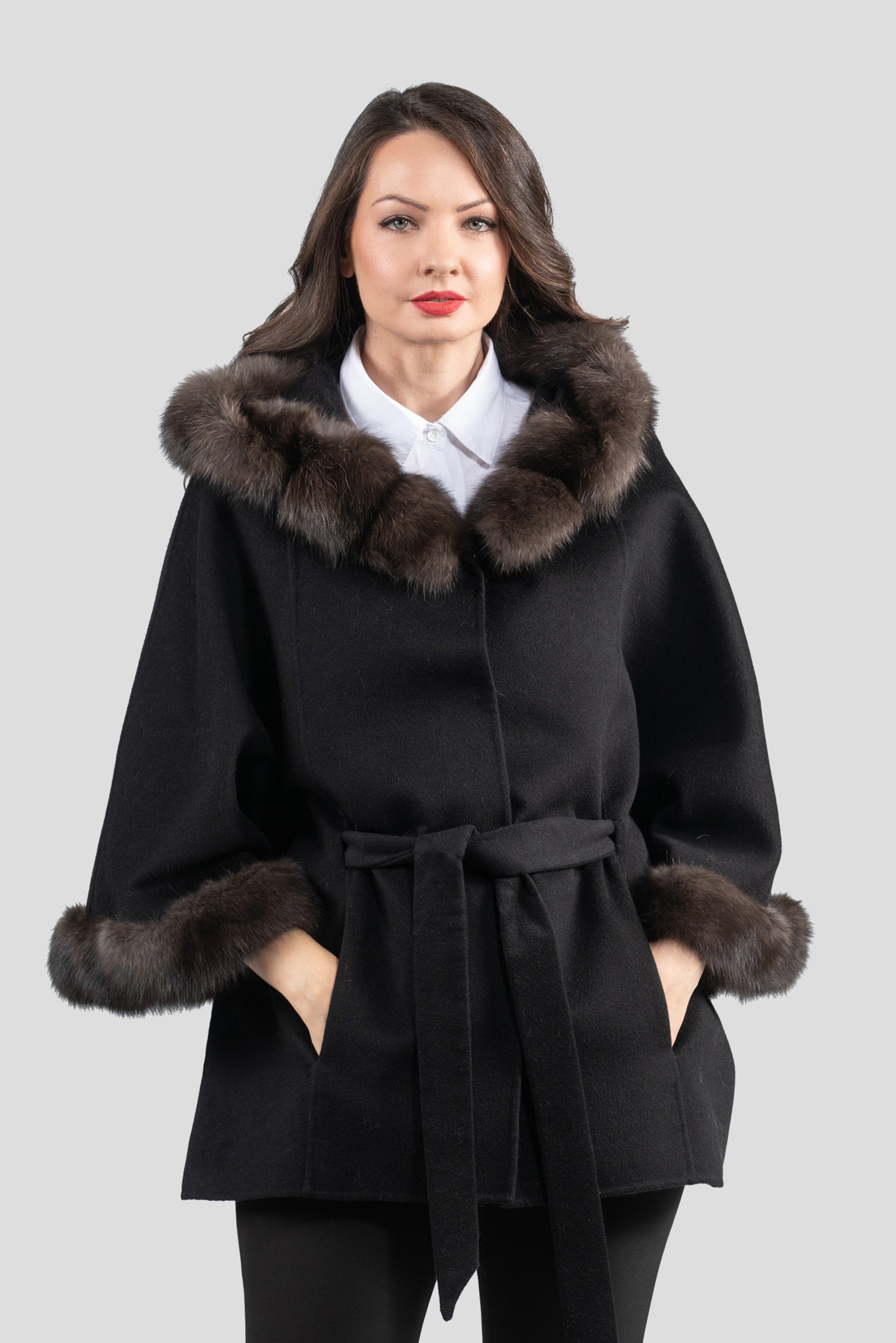 Black Cashmere Hooded Cape with Russian Sable Trim