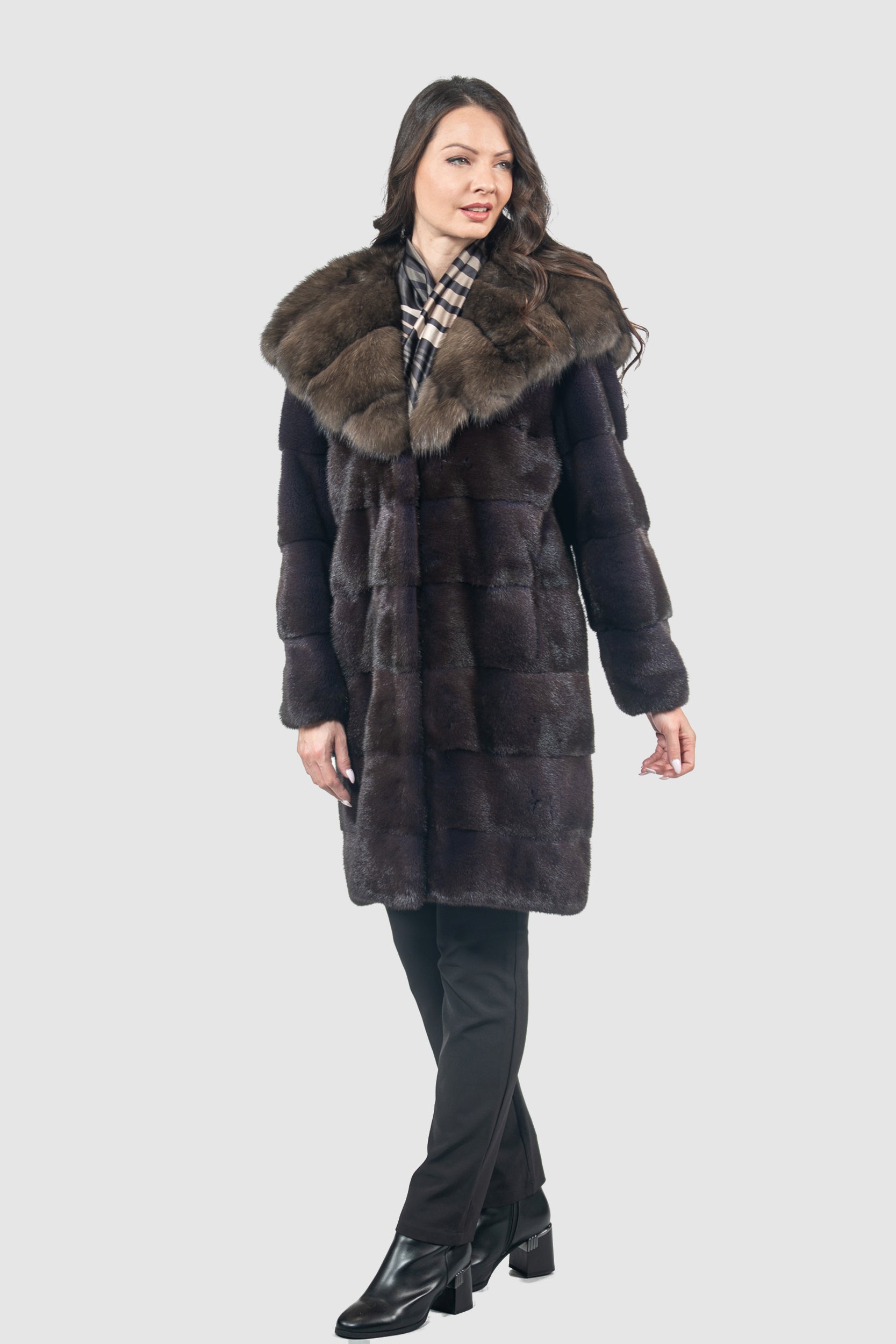 Aubergine Mink Half Coat with Russian Sable Hood