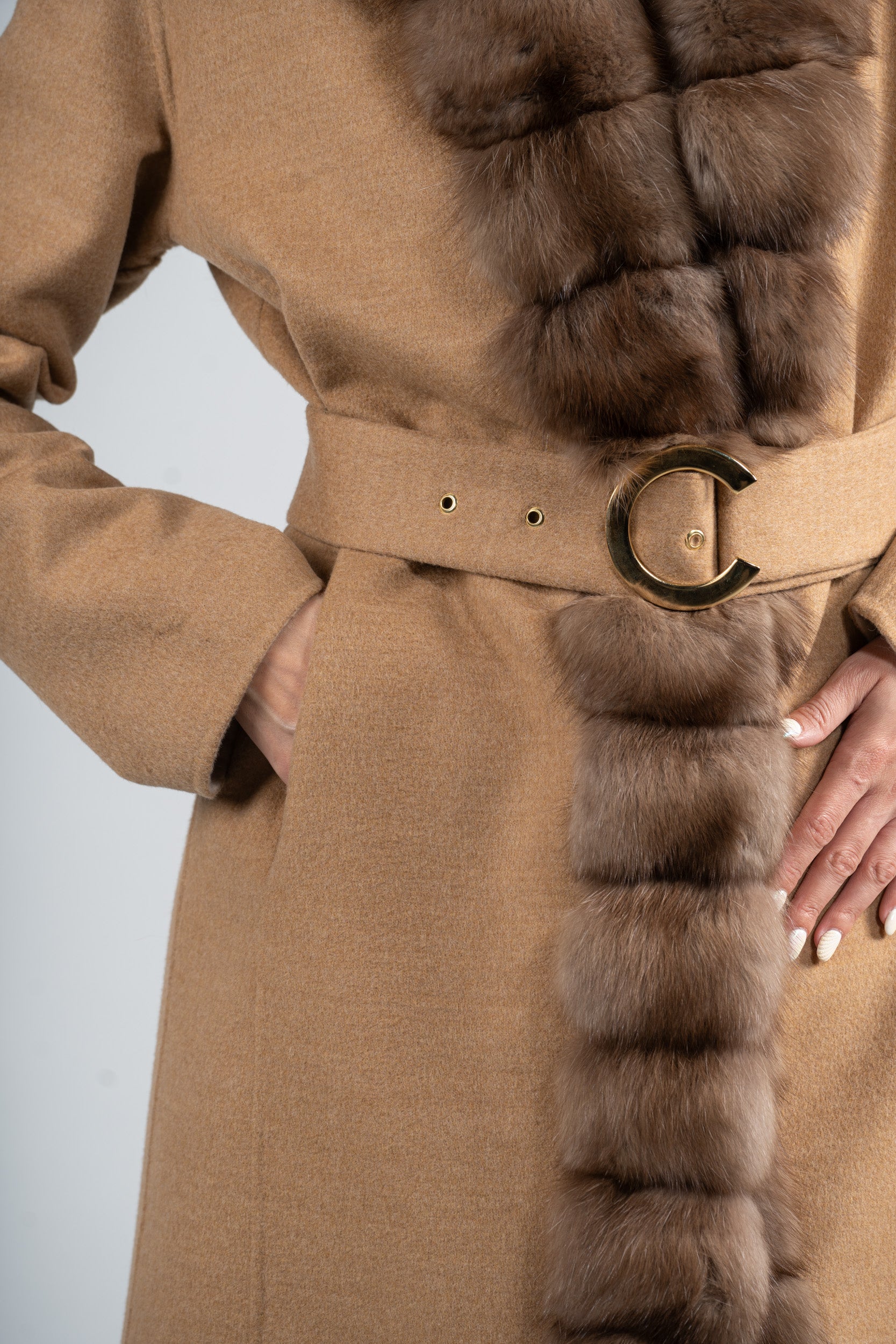 Beige Ecru Cashmere Coat with Russian Sable Trim