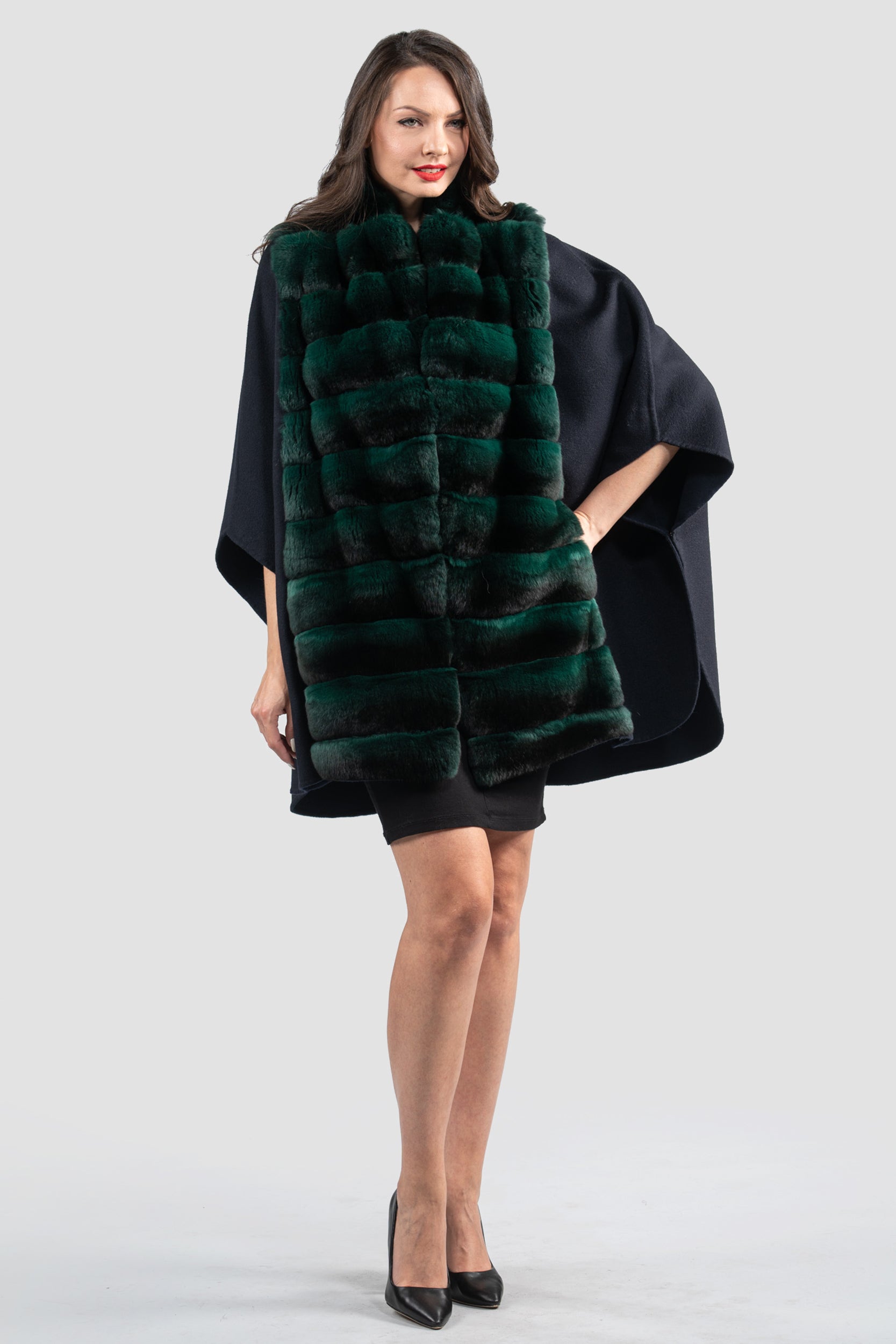 Blue Black Cashmere Cape with Chinchilla Trim