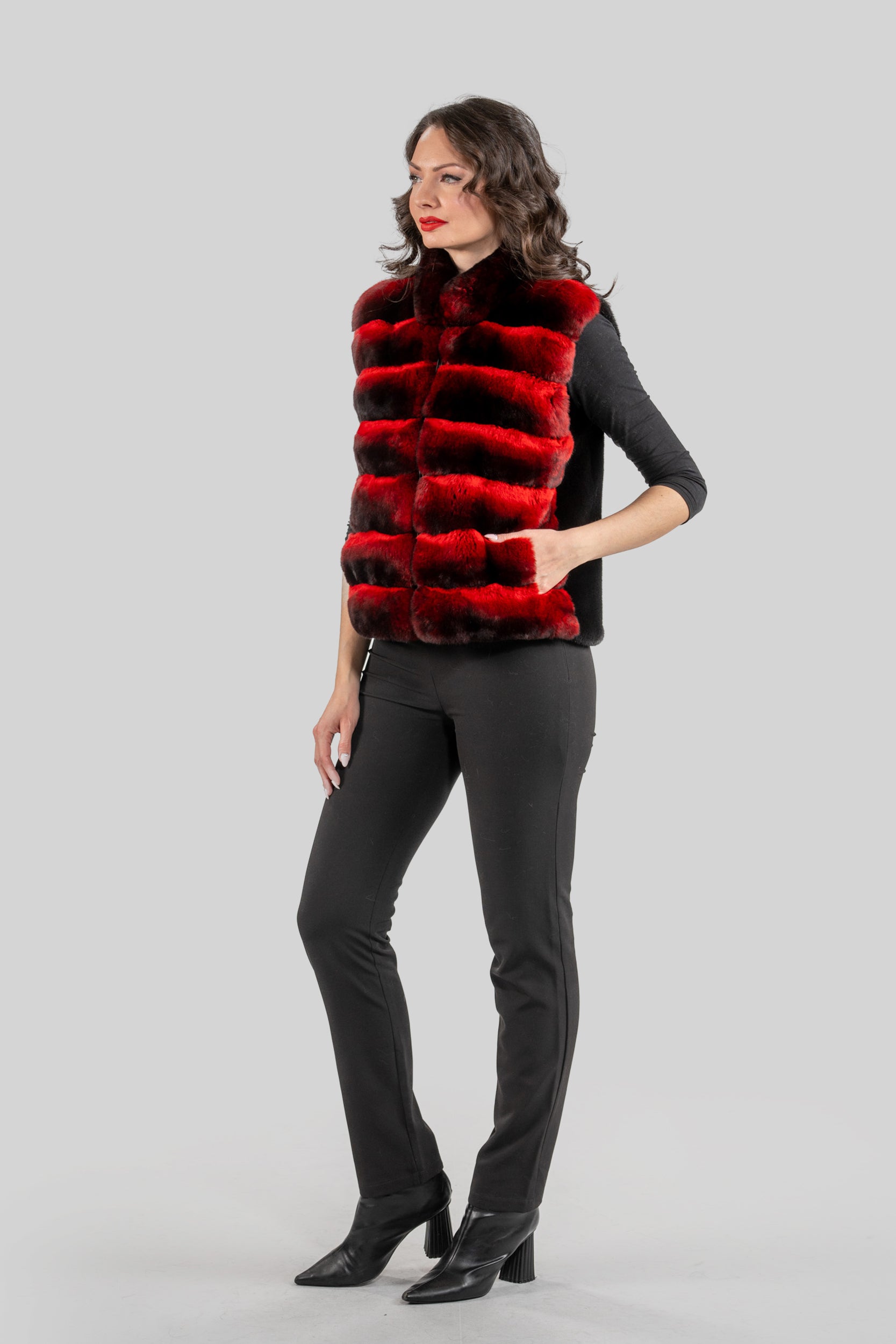 Red Chinchilla Vest with Stand Collar and Mink Trim