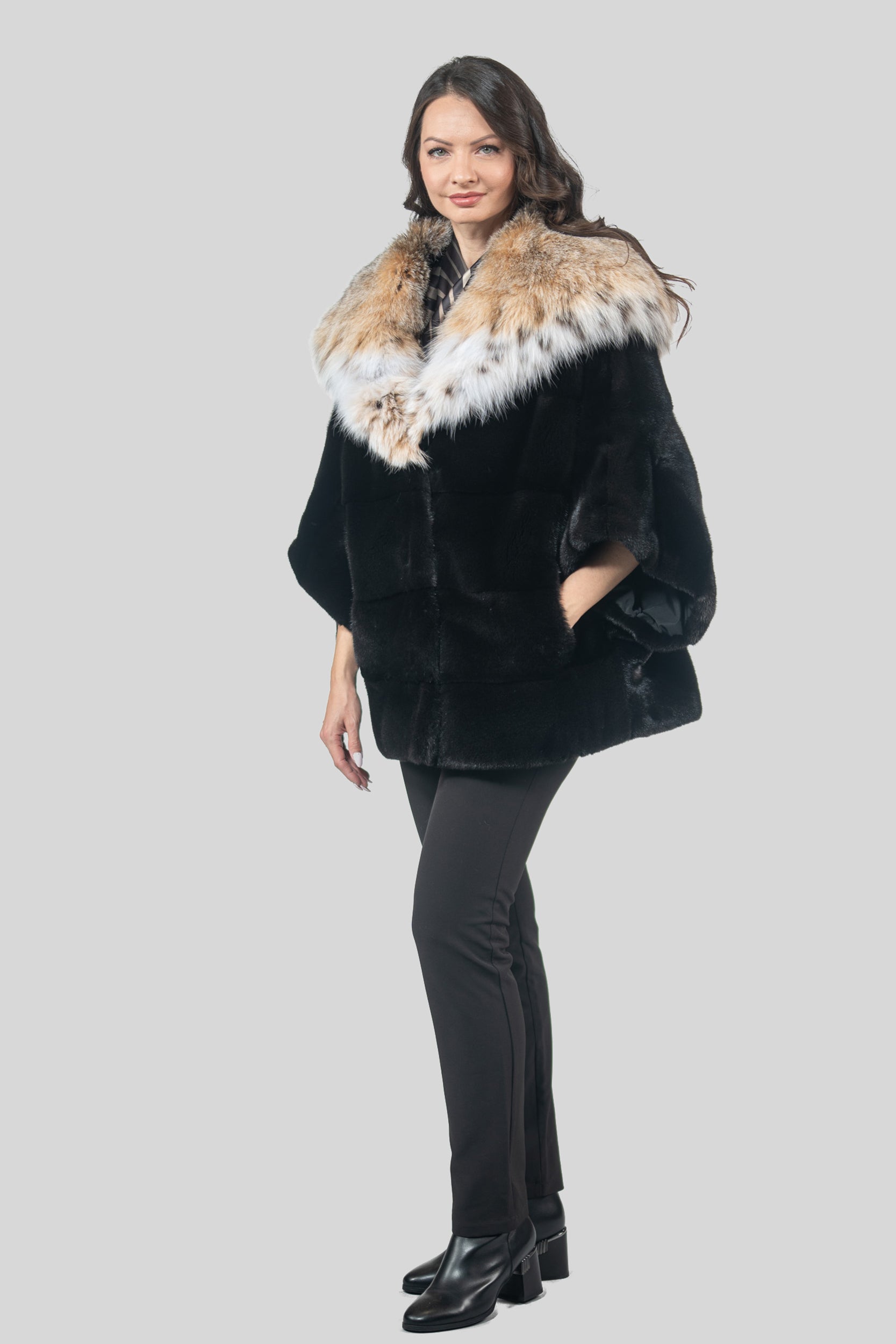 Blackglama Mink Hooded Cape with Bobcat Trim