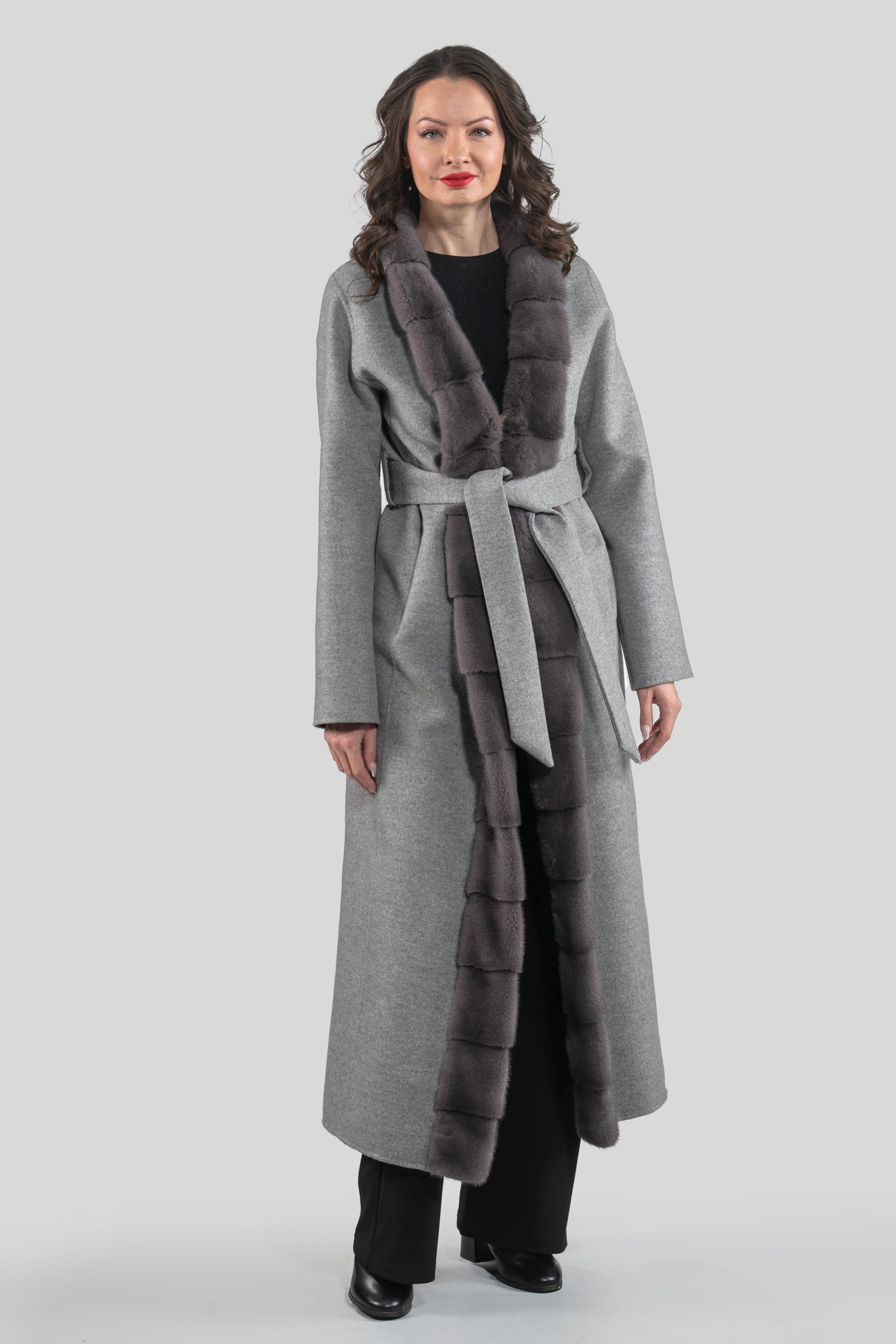 Grey Brown Cashmere Coat with Mink Trim