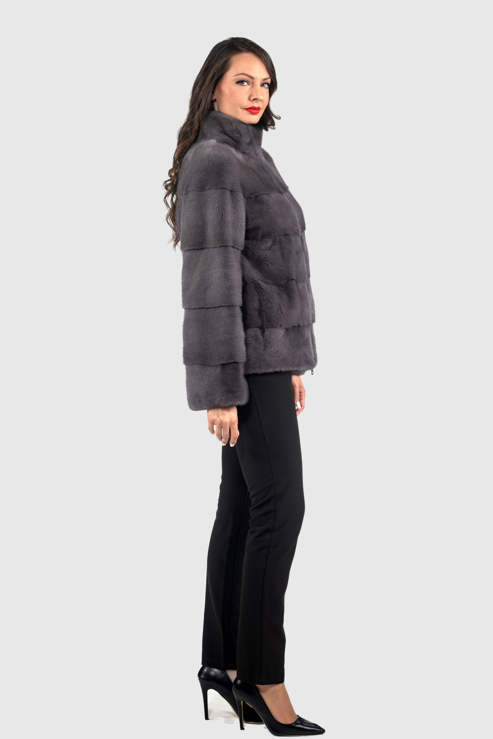 Grey Moon Mink Jacket with Stand Collar and Zipper