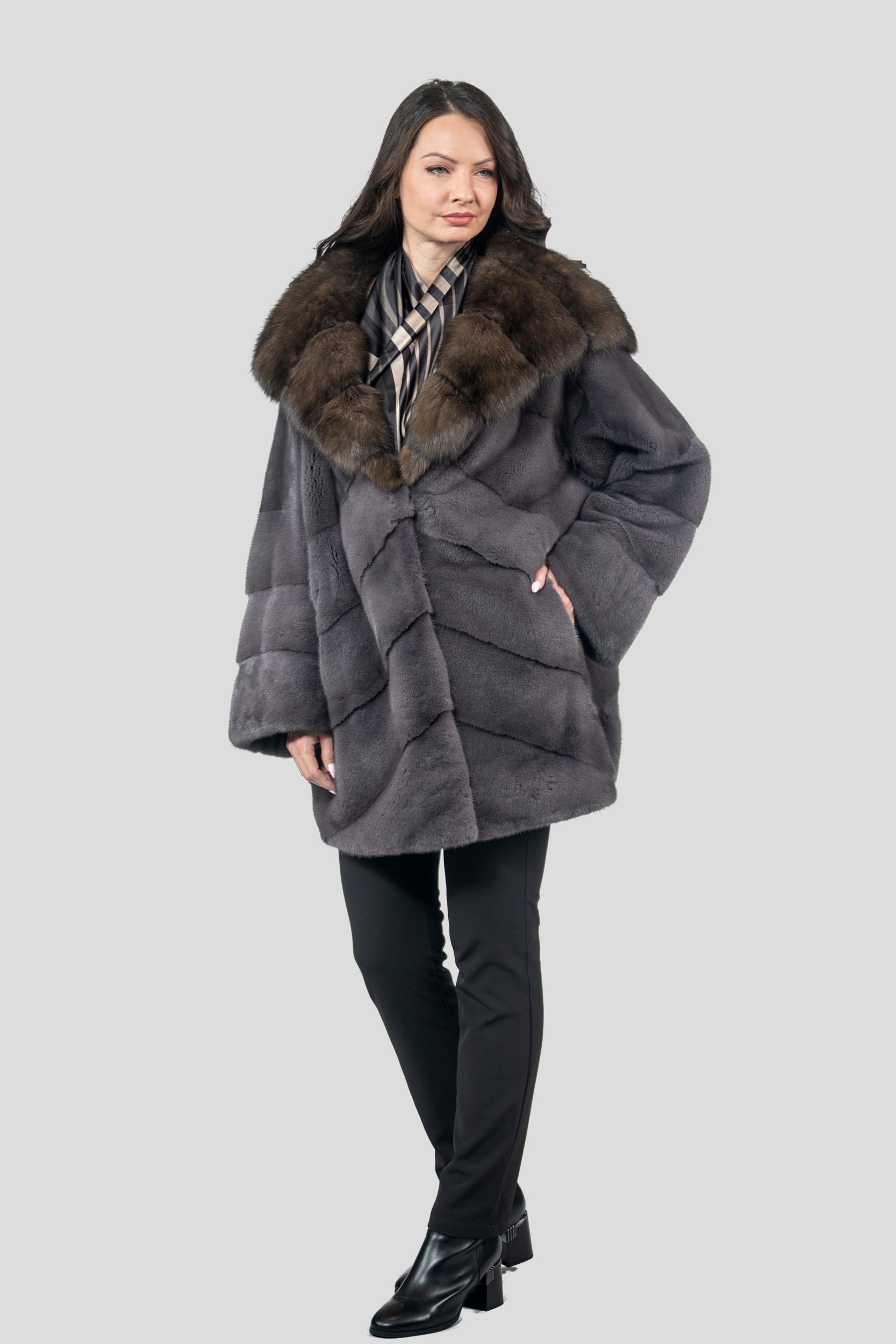 Grey Moon Mink Half Coat with Russian Sable Hood