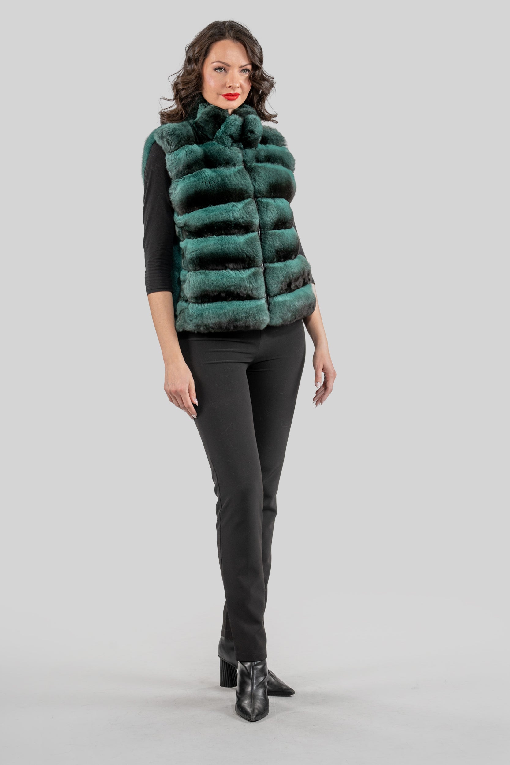 Emerald Green Chinchilla Fur Vest with Stand Collar and Mink Trim