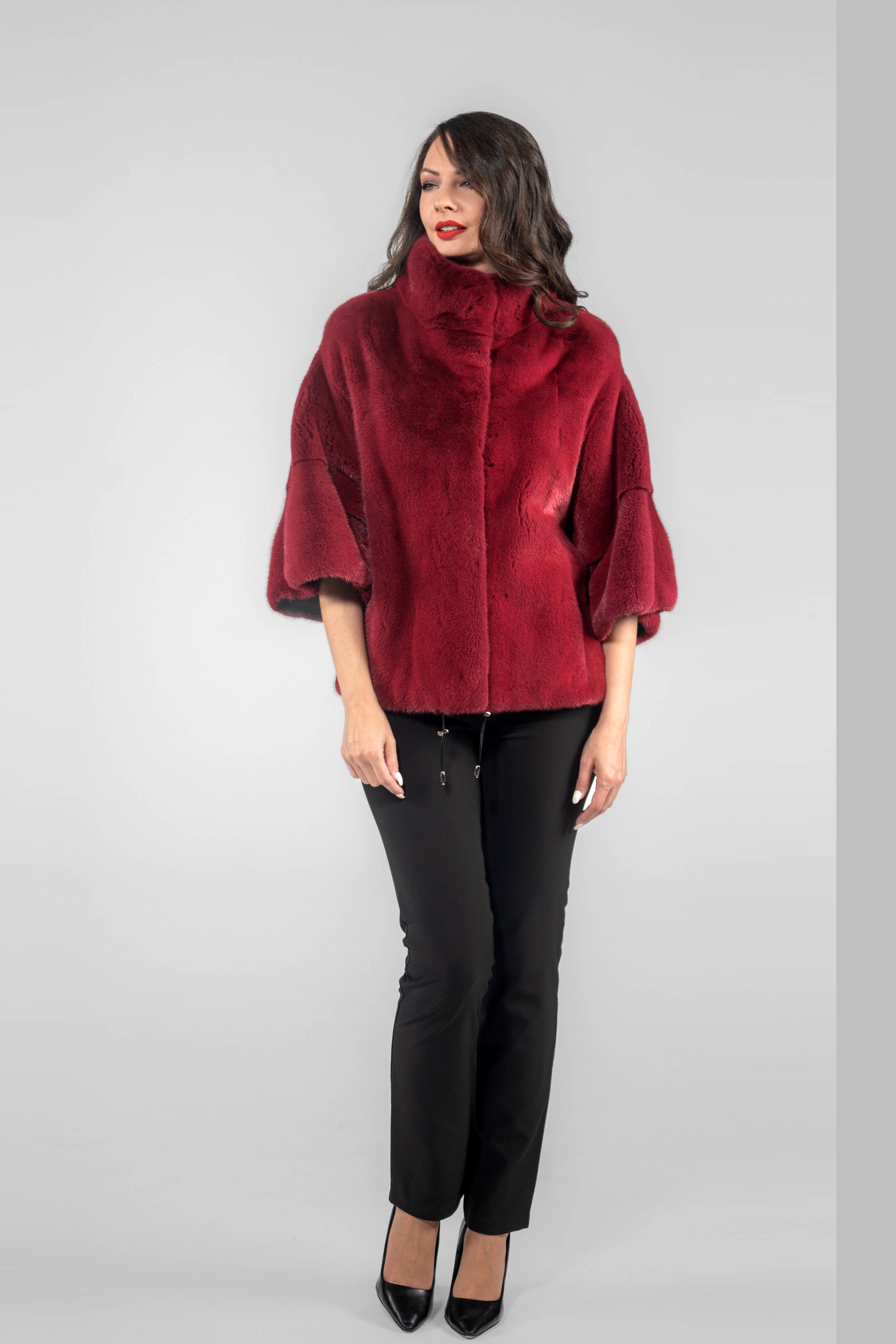 Cerise Mink Jacket with Stand Collar and Short Sleeves