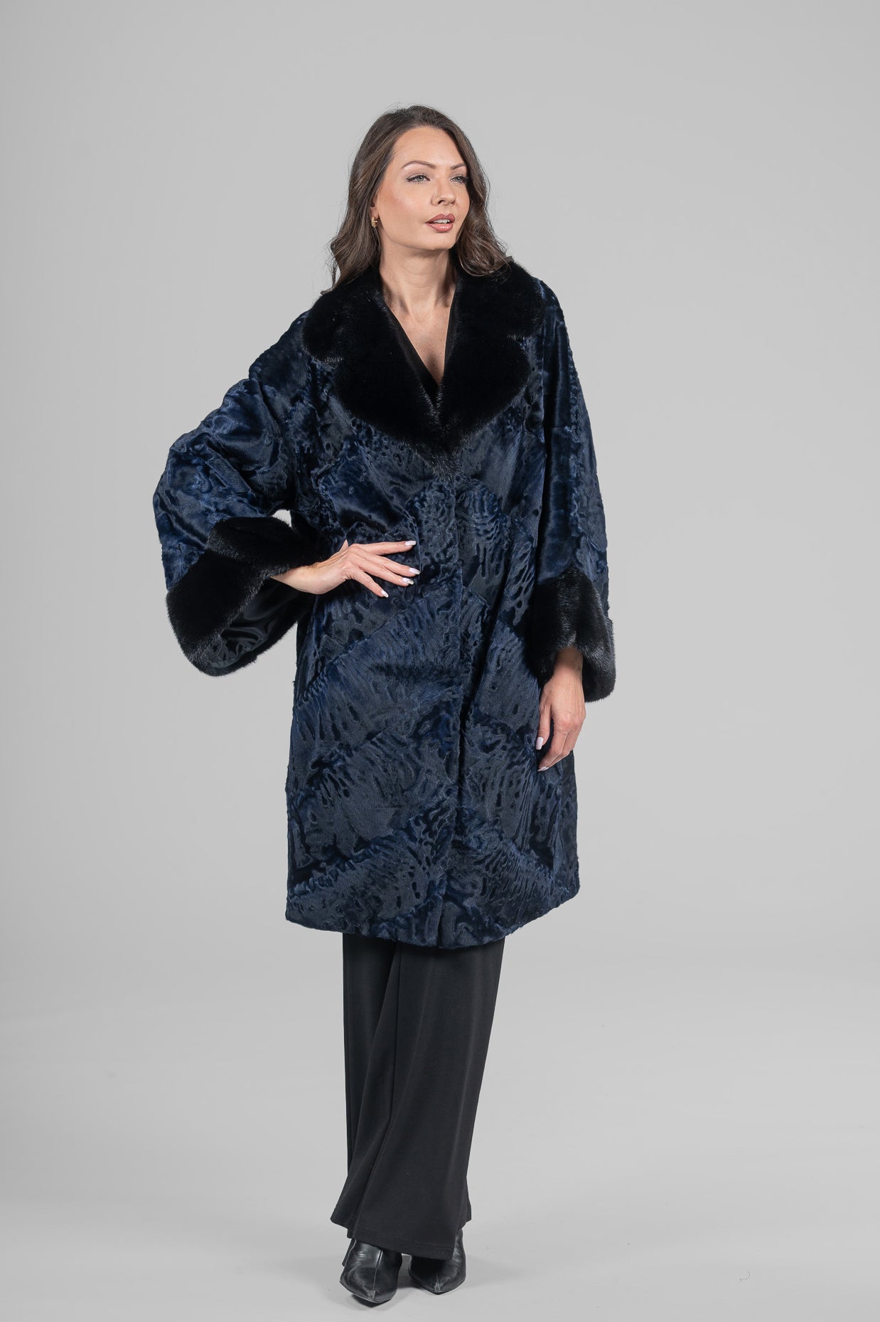 Blue-Black Swakara Half-Coat Mink Trim with Notch Collar