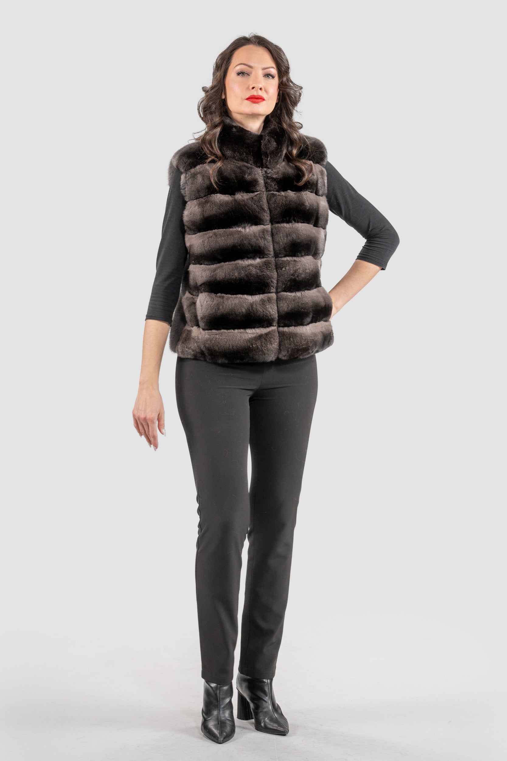 Smokey Chinchilla Fur Vest with Stand Collar and Mink Trim