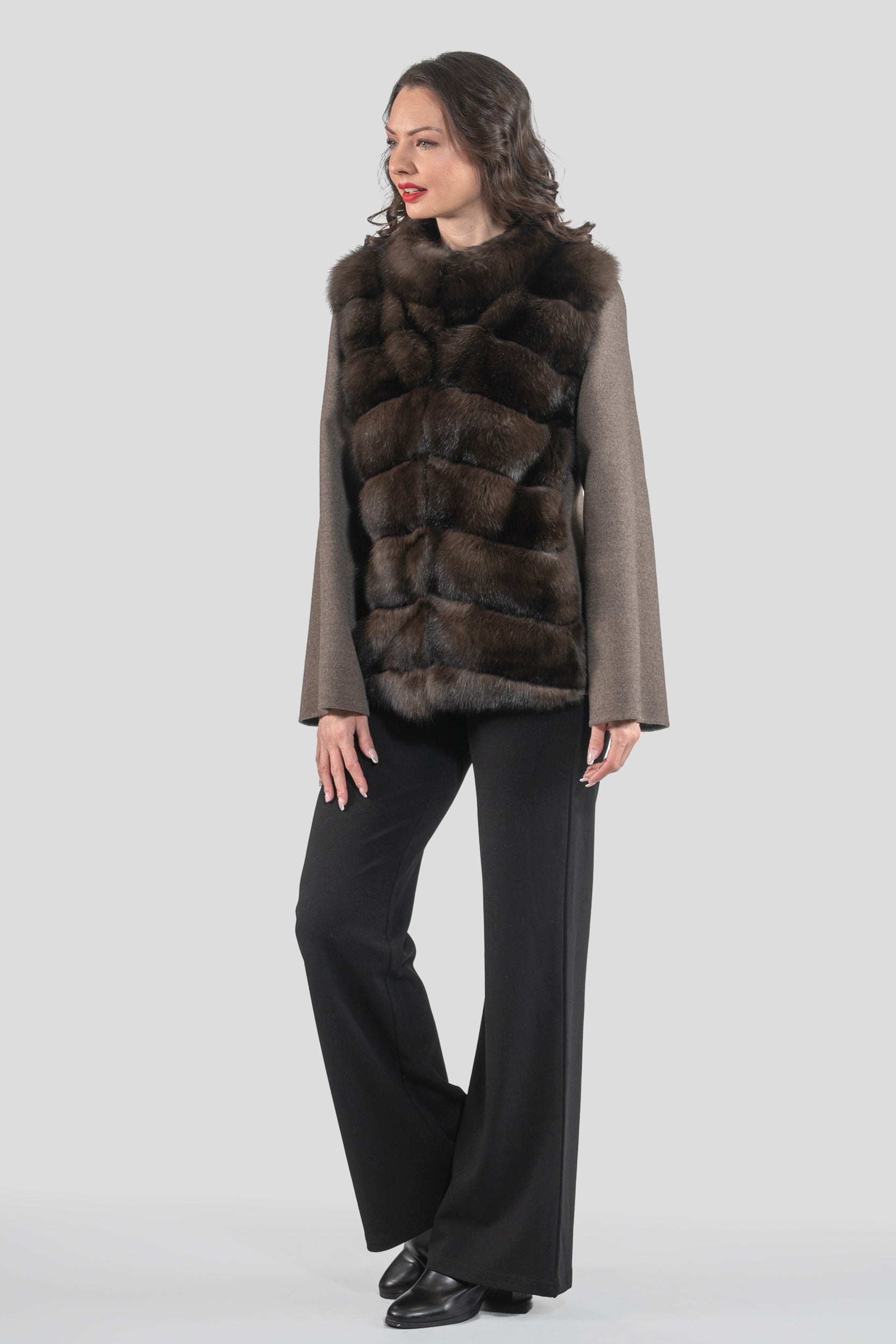 Brown Grey Cashmere Jacket with Baumarten Fur Trim