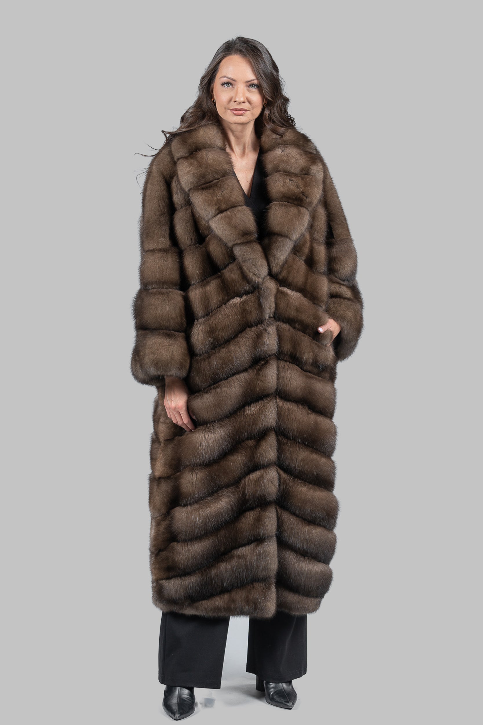 Graphite Sable Long Coat with Shawl Collar