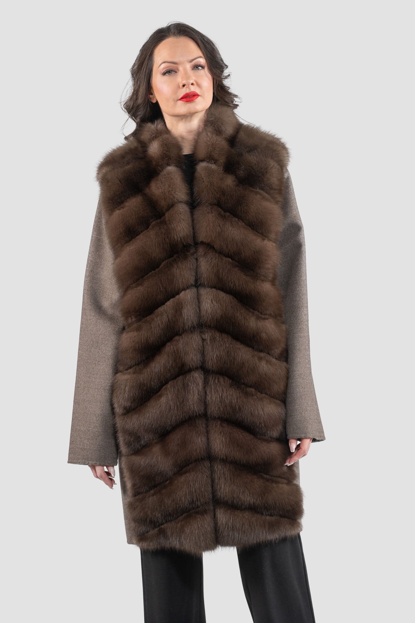 Brown Grey Cashmere Half Coat with Baumarten Trim