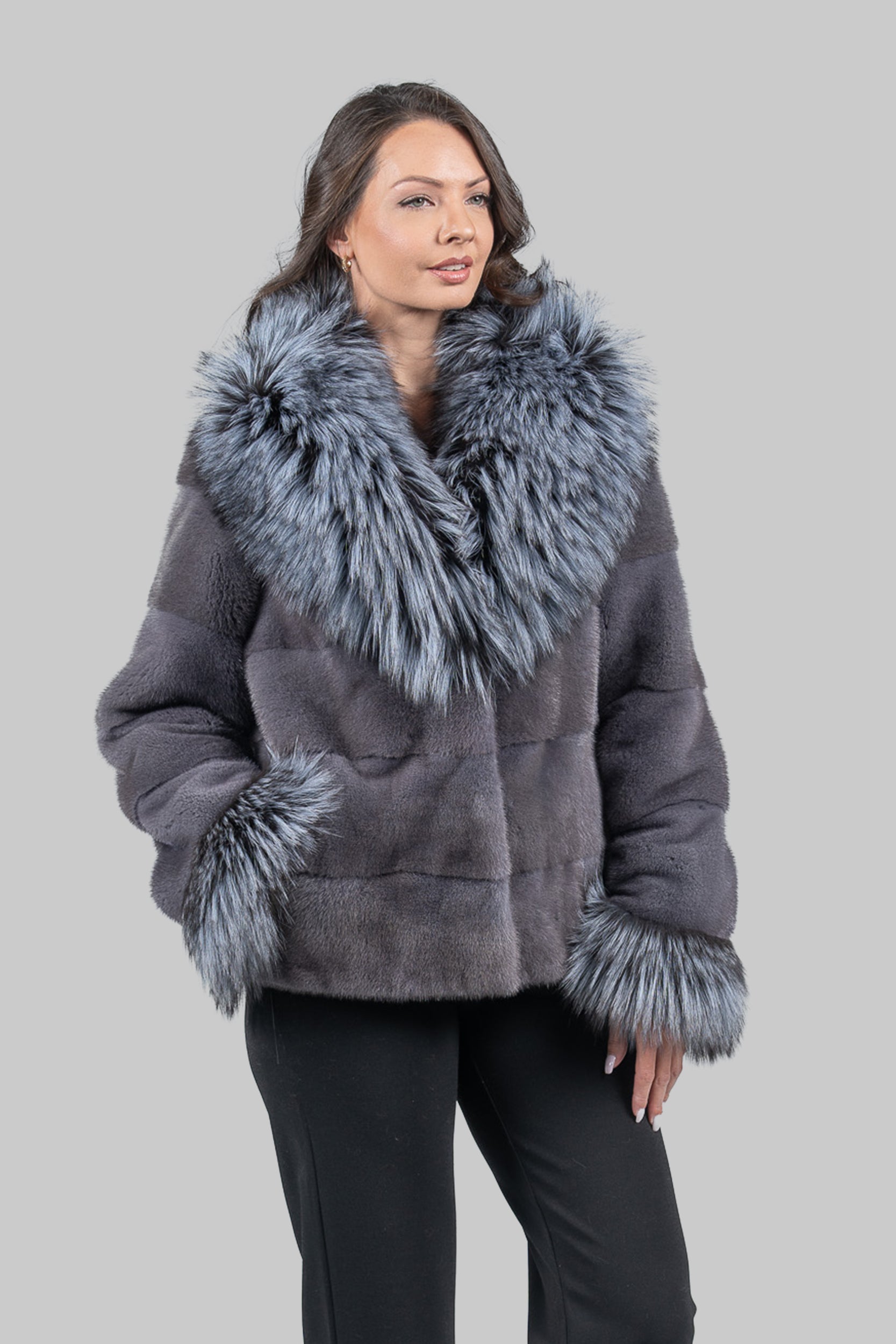Grey Moon Mink Jacket with Fox Fur Trim
