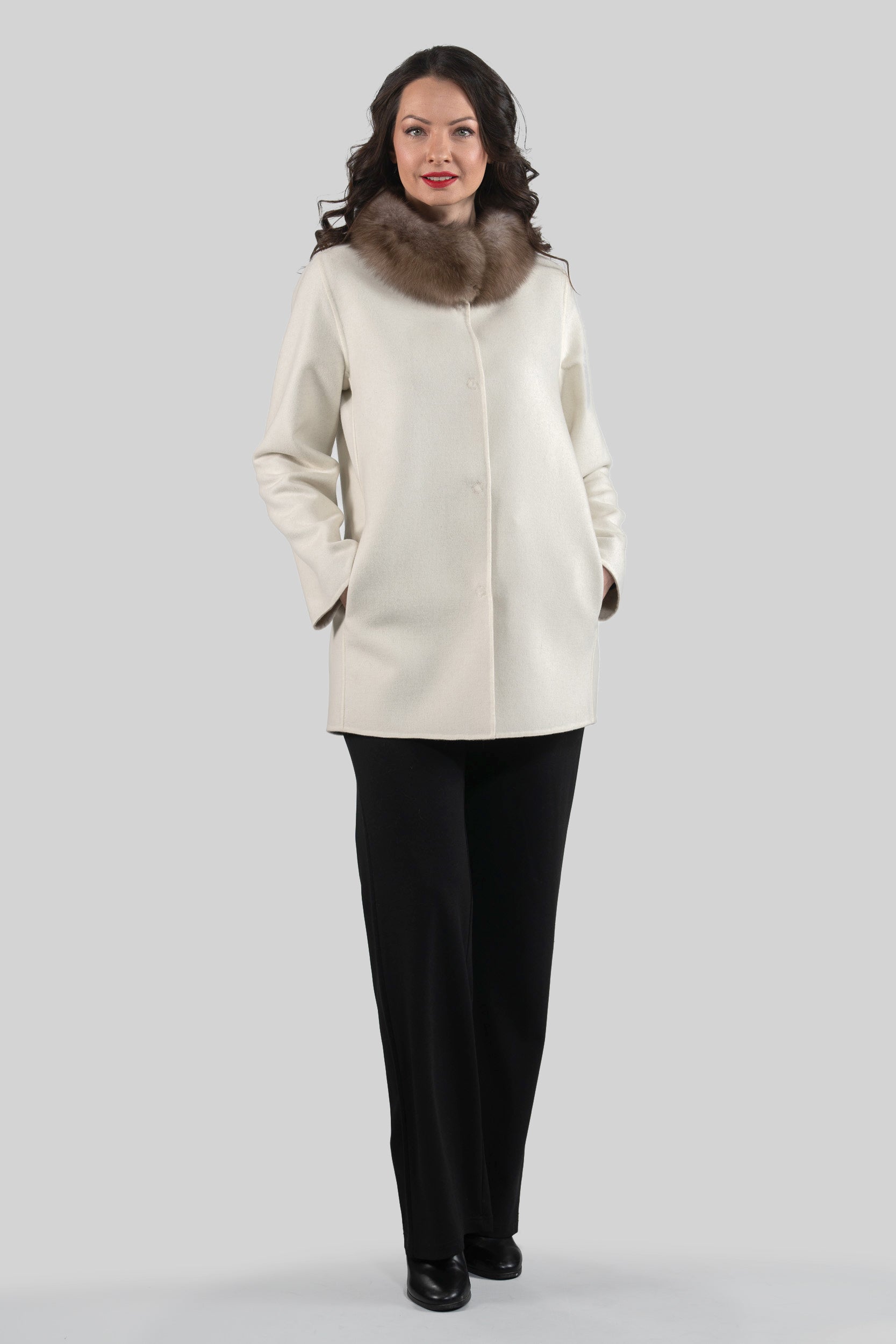 White Cashmere Jacket with Russian Sable Trimmed Stand Collar