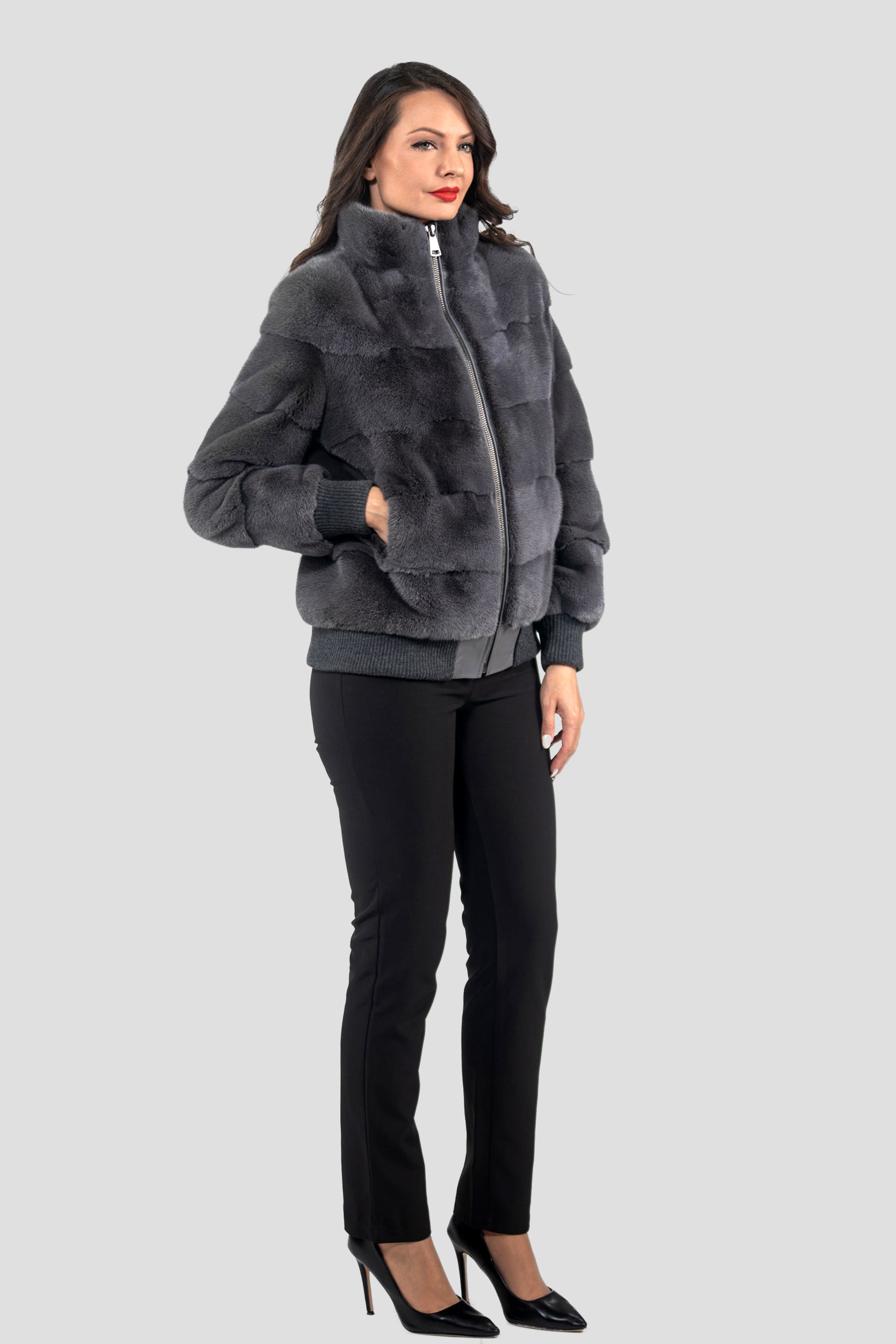 Grey Moon Mink Bomber Jacket with Stand Collar