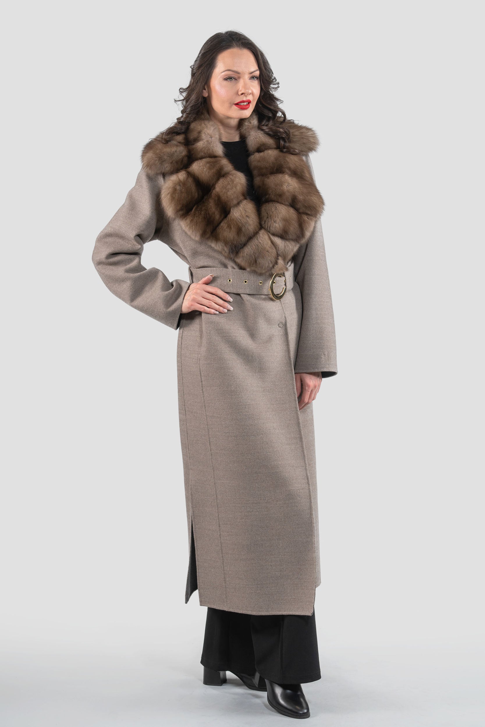 Grey Brown Cashmere Coat with Russian Sable Notch Collar