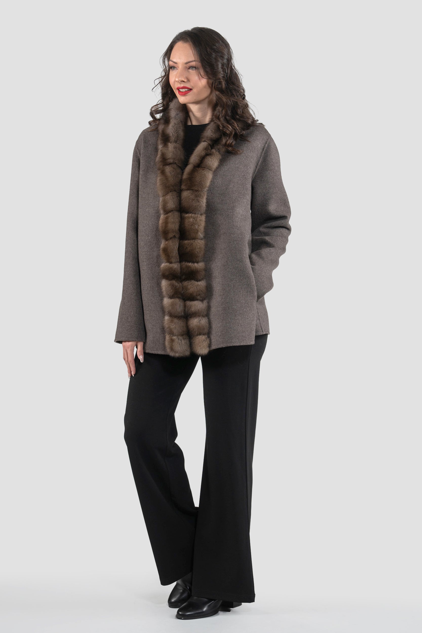Brown Grey Cashmere Jacket with Russian Sable Trim
