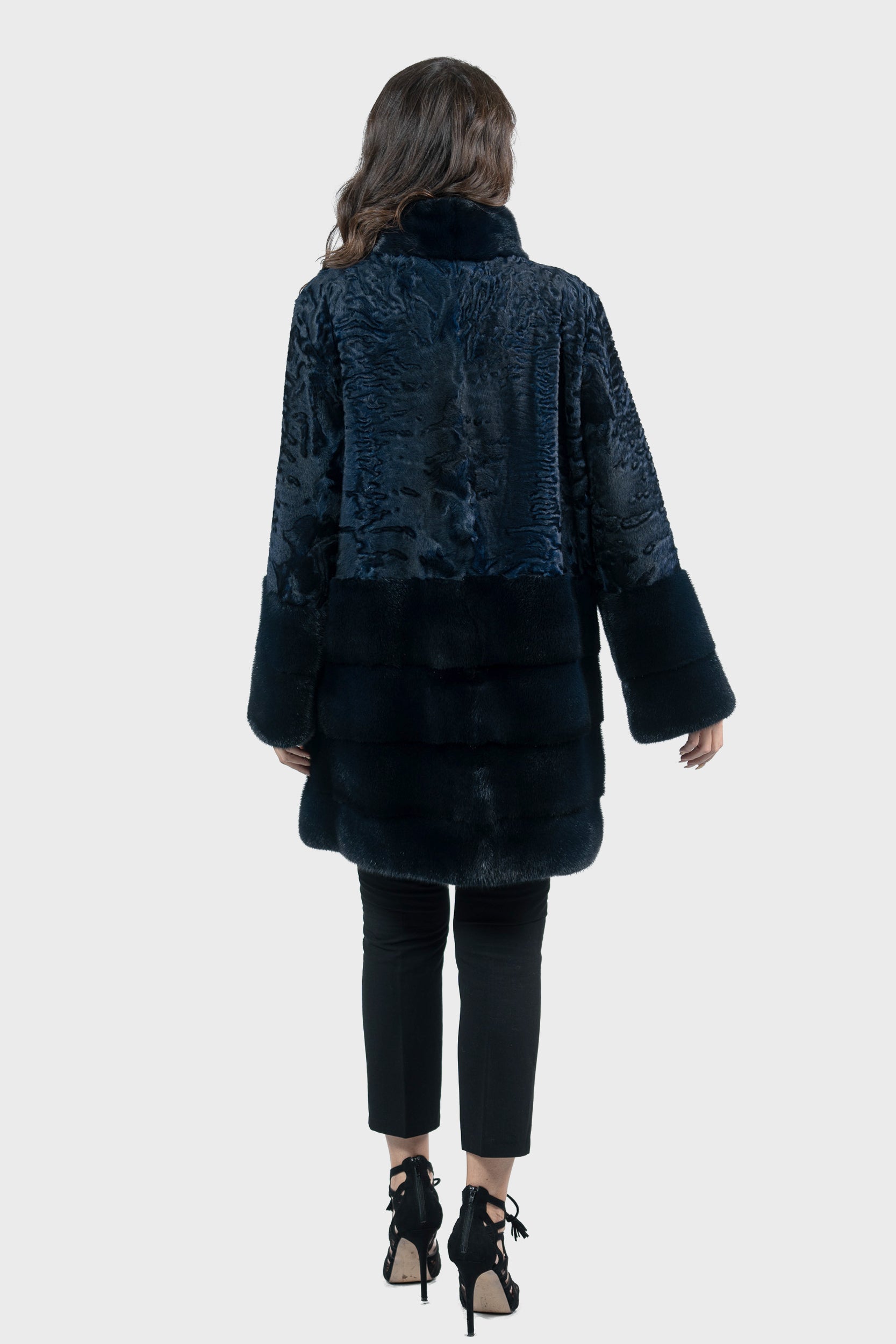Blue Black Swakara Half Coat with Mink Trim