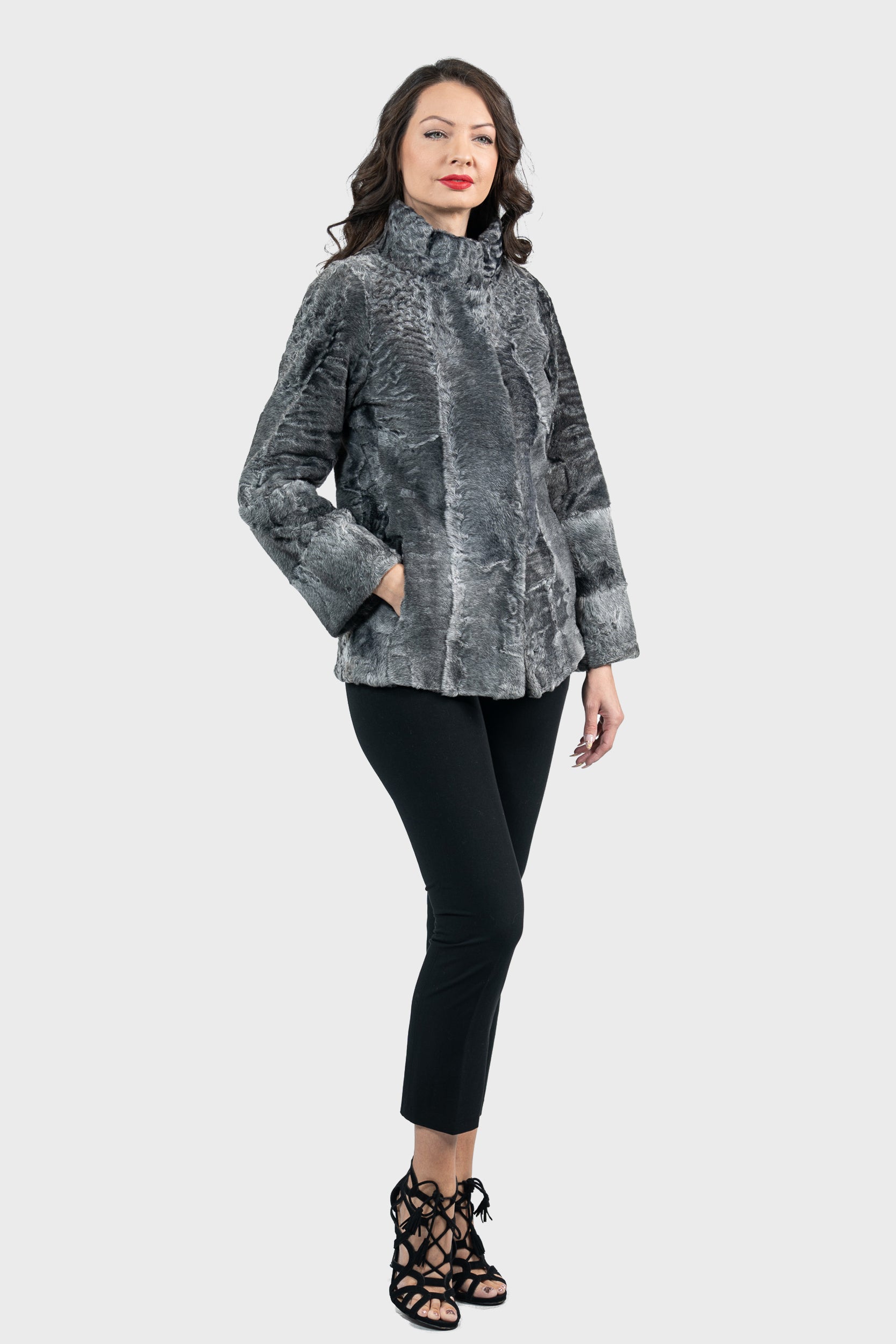 Gray Swakara Jacket with Stand Collar