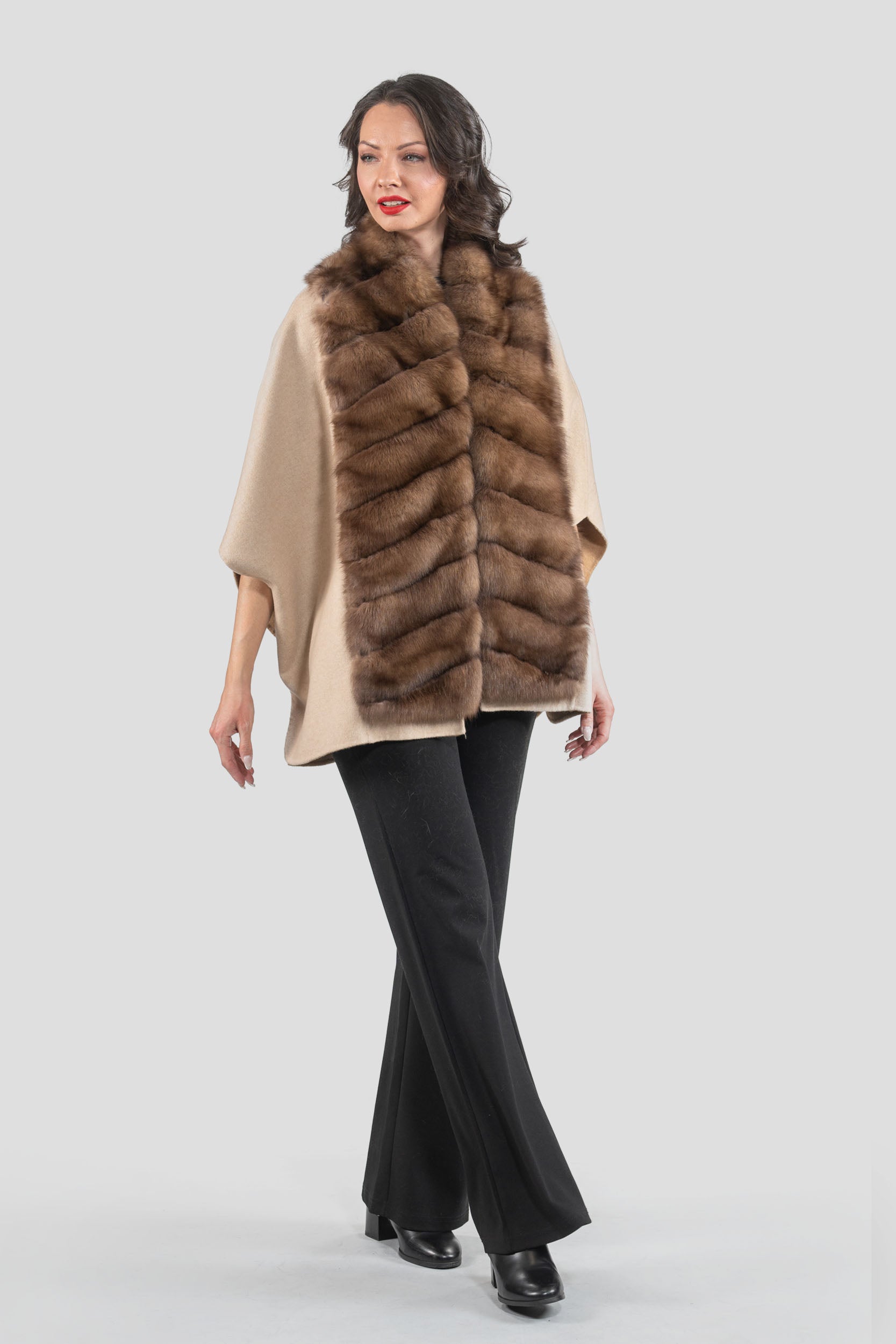 Ecru Beige Cashmere Cape with Russian Sable Trim