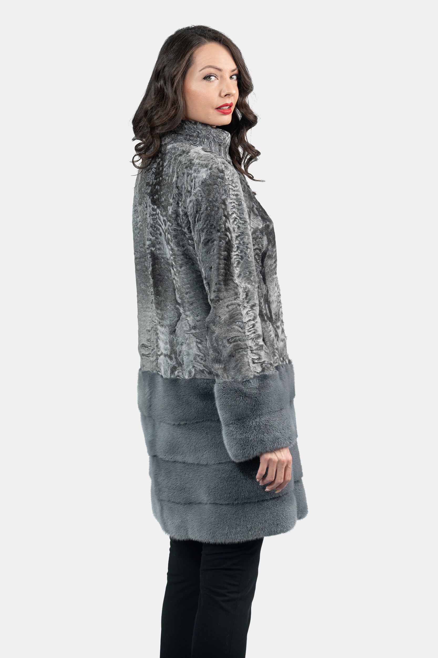 Gray Swakara Half Coat with Mink Trimmed Hem