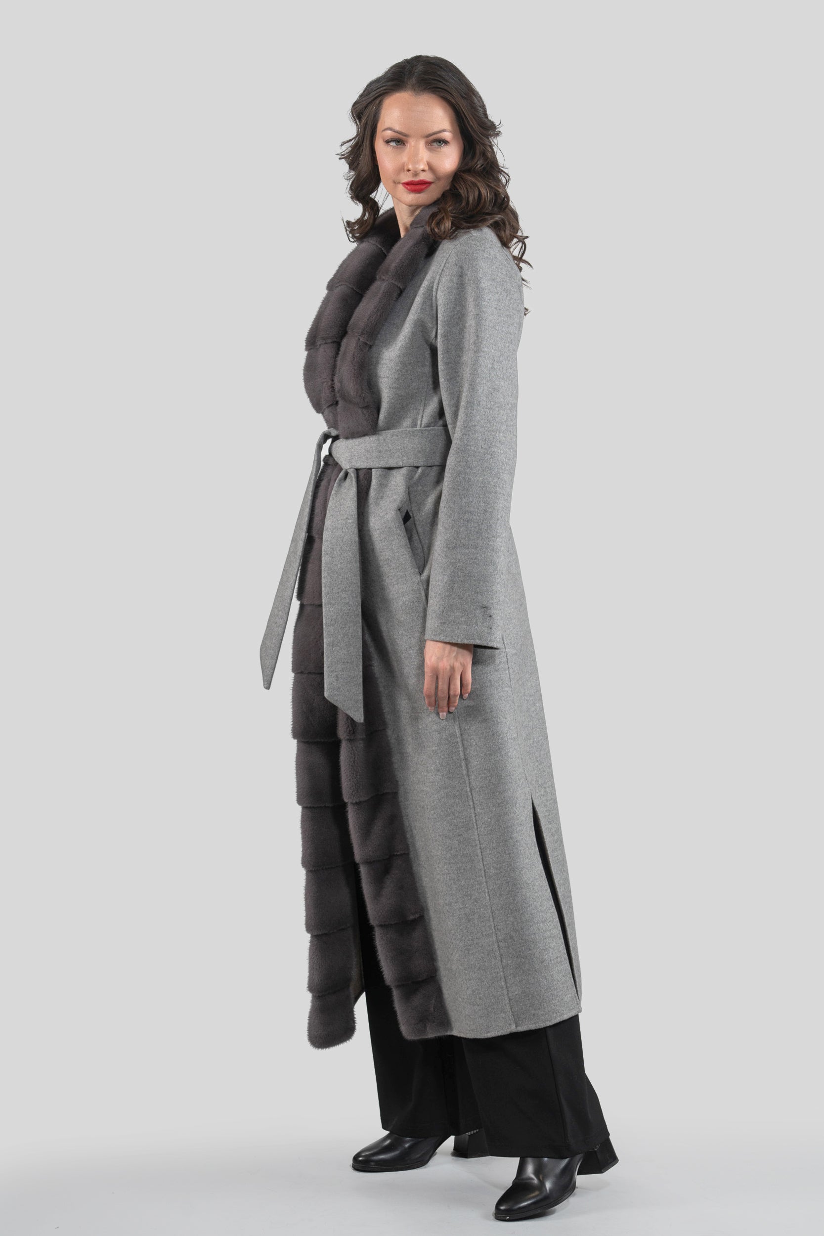 Grey Brown Cashmere Coat with Mink Trim