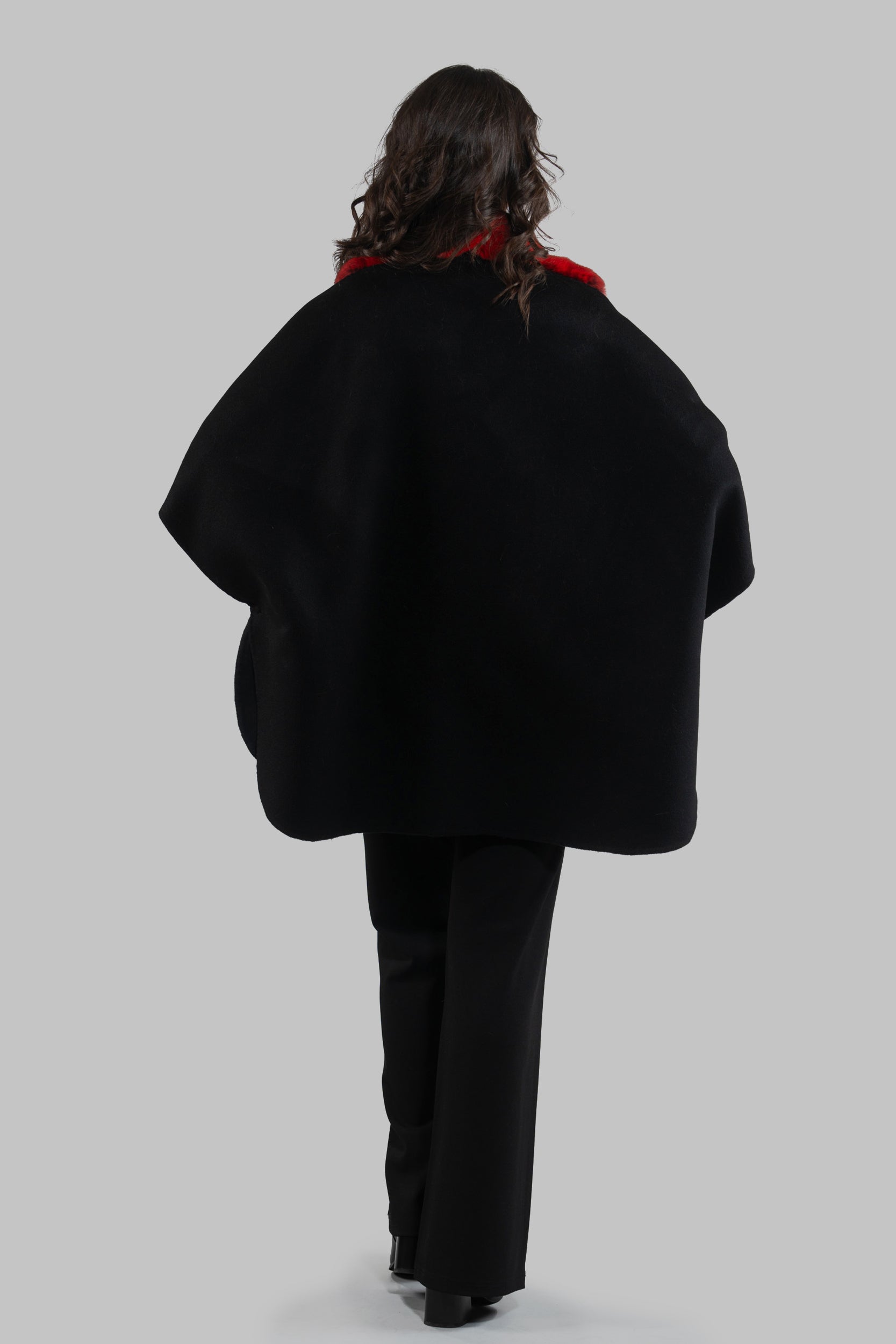 Black Cashmere Cape with Red Chinchilla Trim