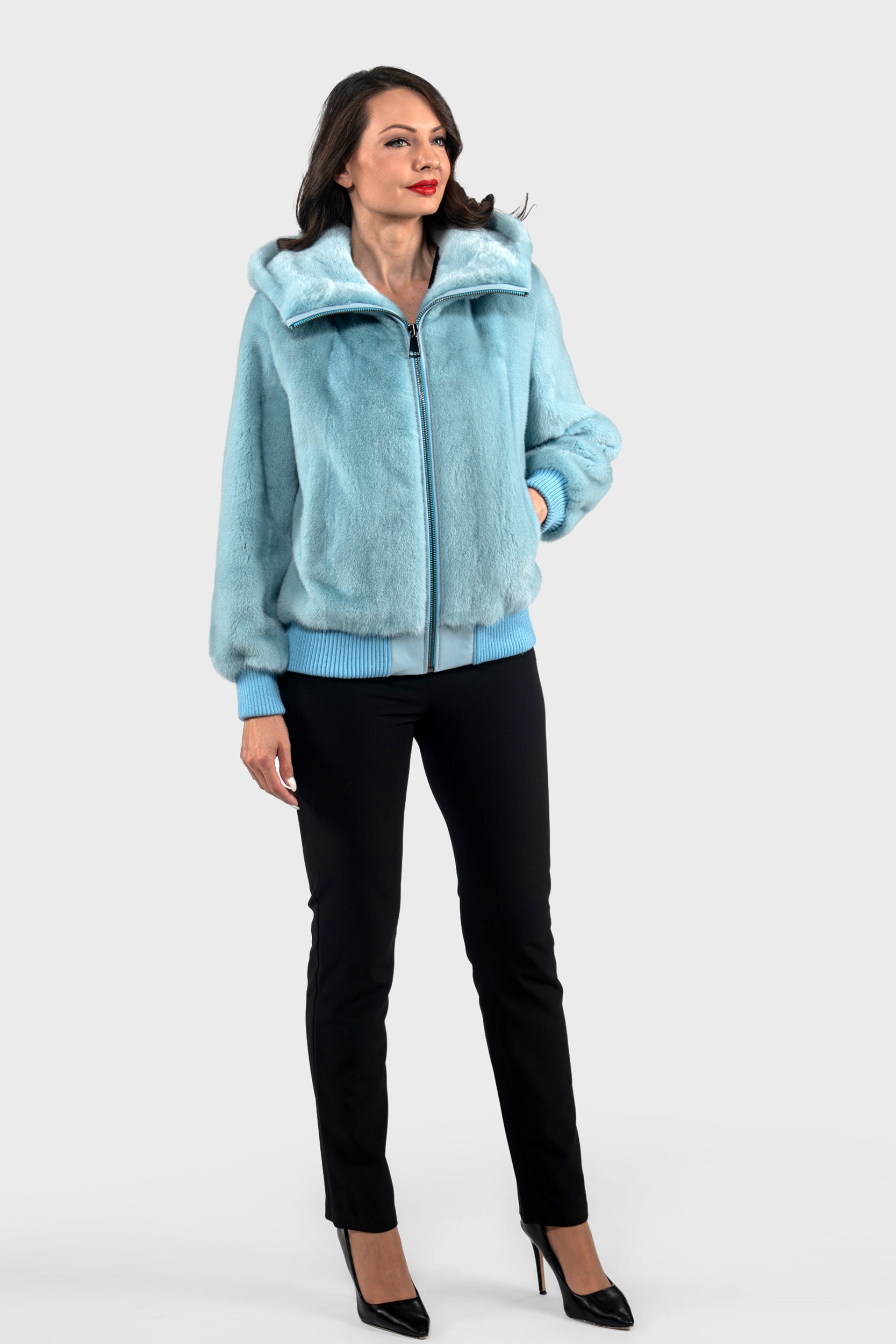 Mint Mink Bomber Jacket with Hood