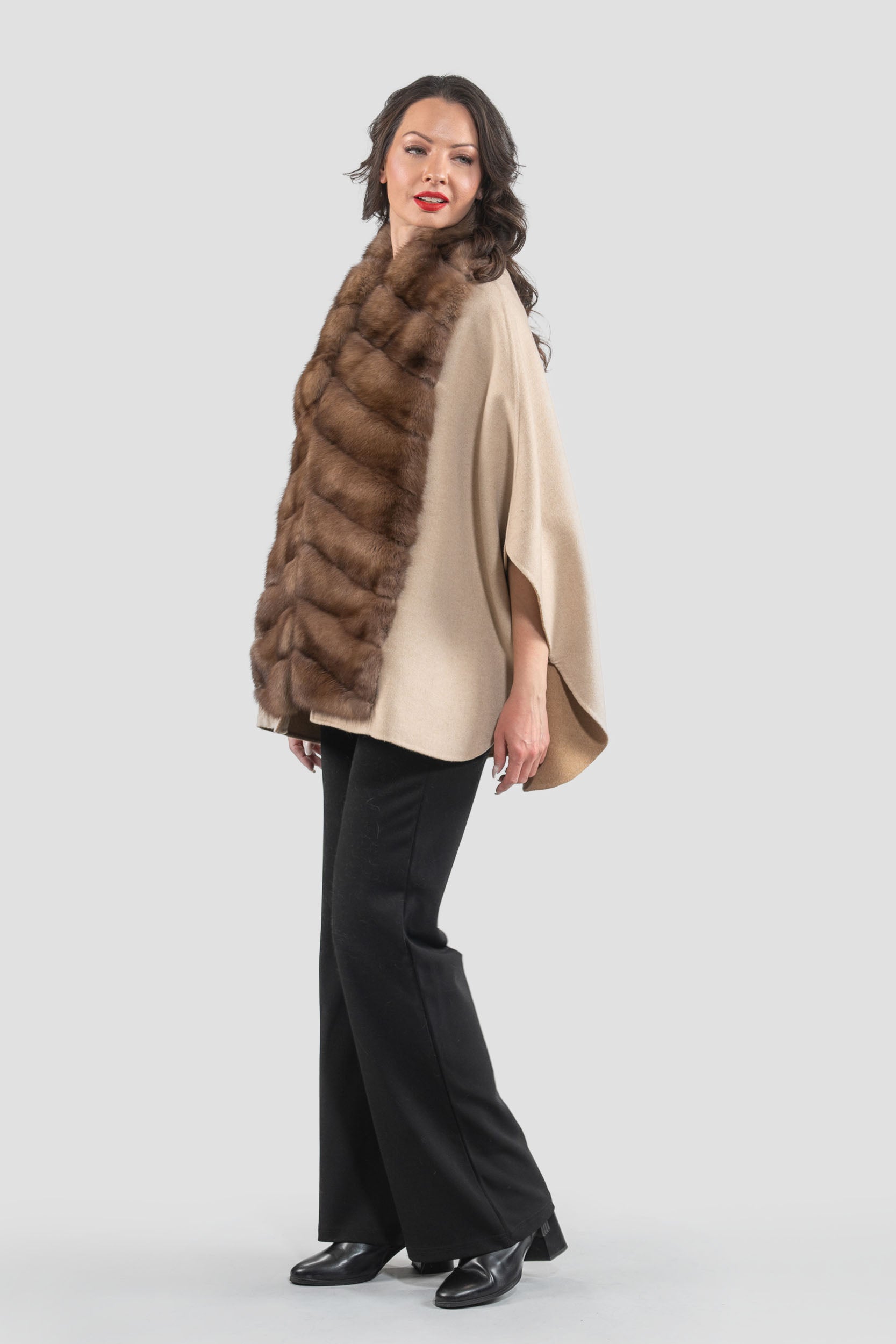 Beige Cashmere Cape with Russian Sable Trim