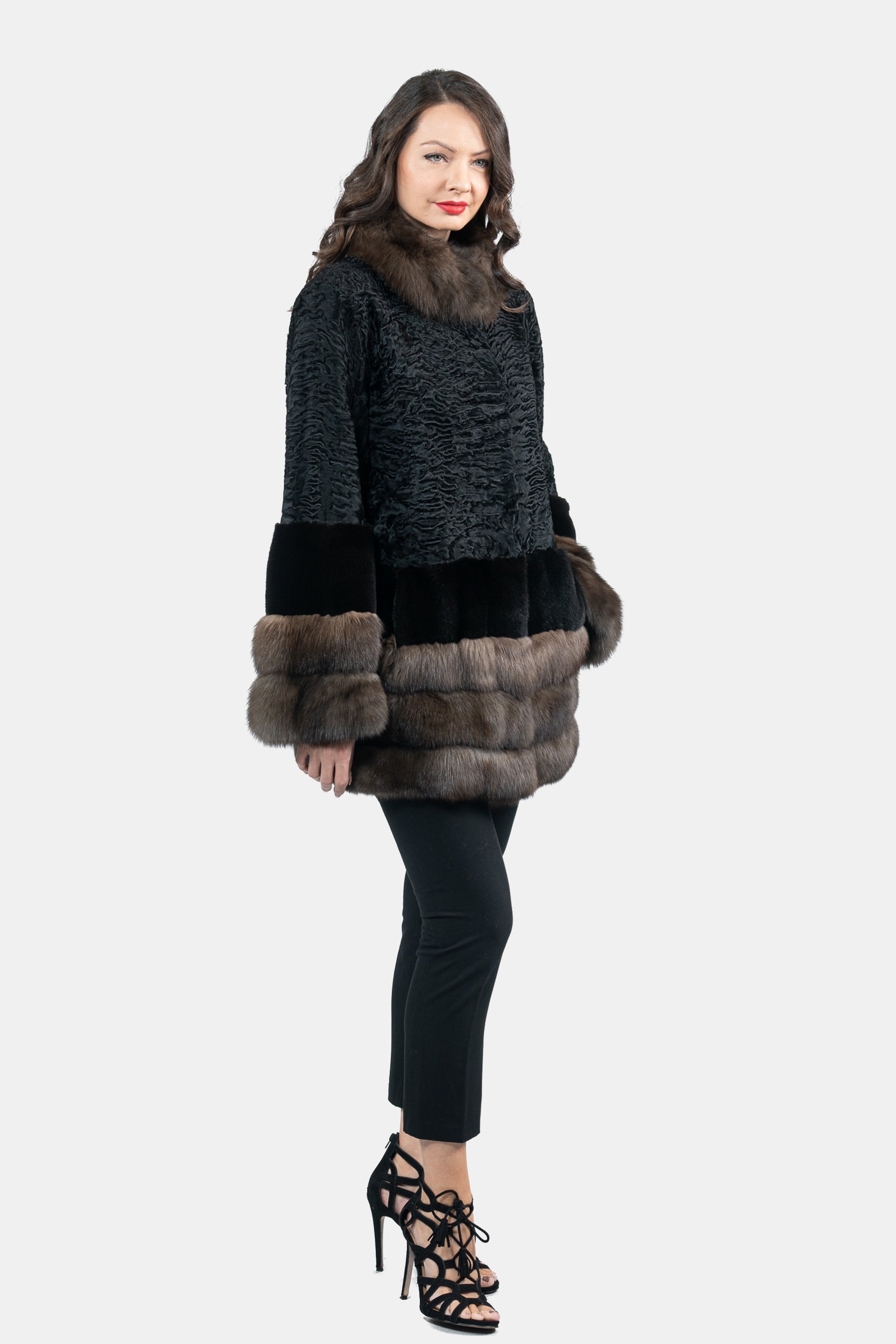 Black Swakara Half Coat with Mink and Russian Sable Trim