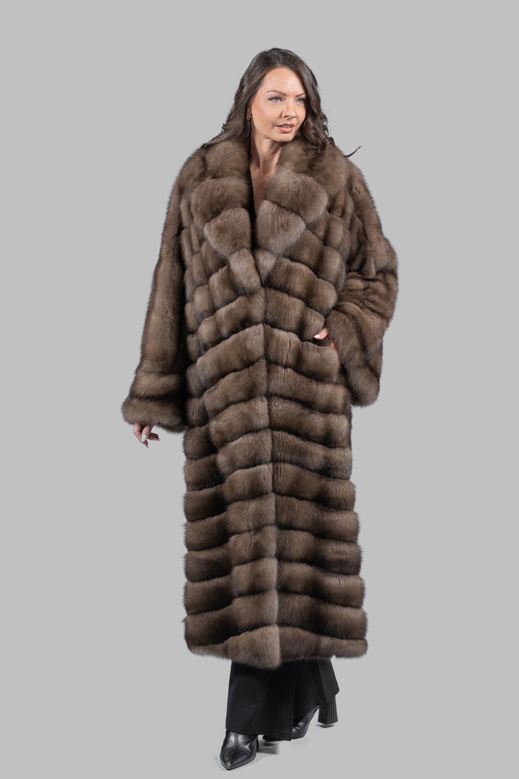 Graphite Sable Long Coat with Shawl Collar